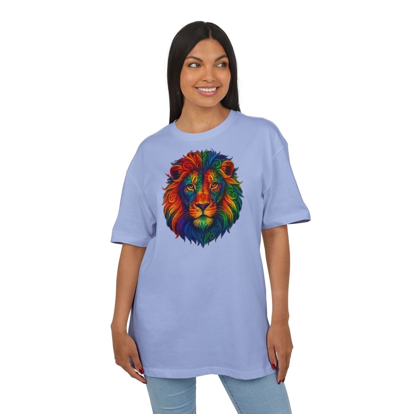 Buntes Löwen T-Shirt (Brustprint) – Psychedelisches Tiermotiv im Boho-Stil – Unisex Oversize Shirt für Kunst-, Natur- & Festival-Fans
