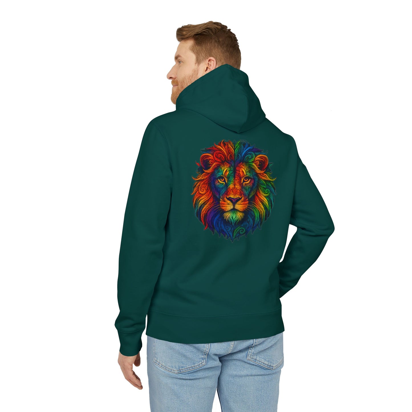 Bunter Löwen Hoodie (Rückenprint) – Psychedelischer Kapuzenpullover mit Tiermotiv – Unisex Streetwear im Boho & Festival Stil