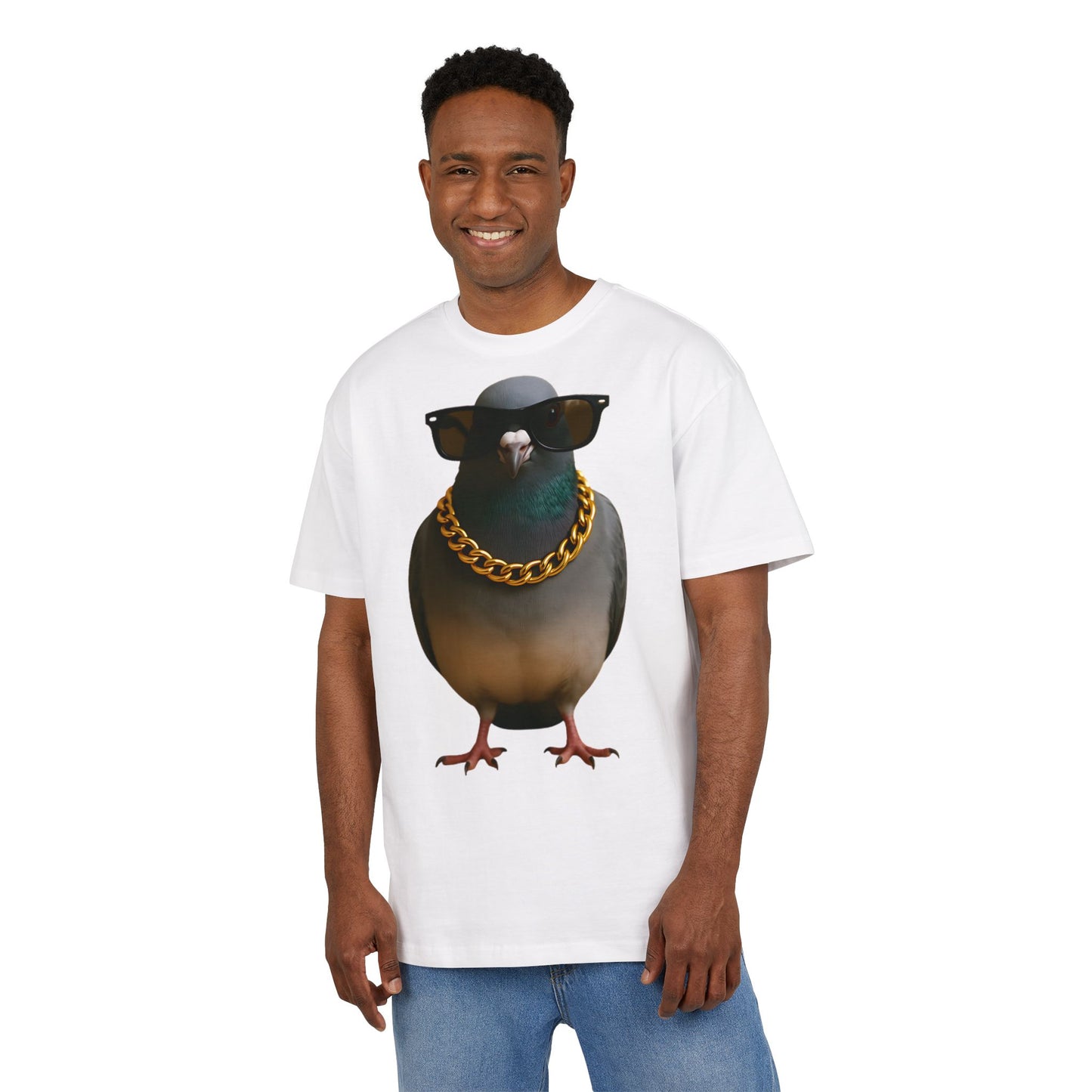 Streetstyle Taube T-Shirt (Brustprint) – Cooles Pigeon Design mit Sonnenbrille & Goldkette für Urban Vibes