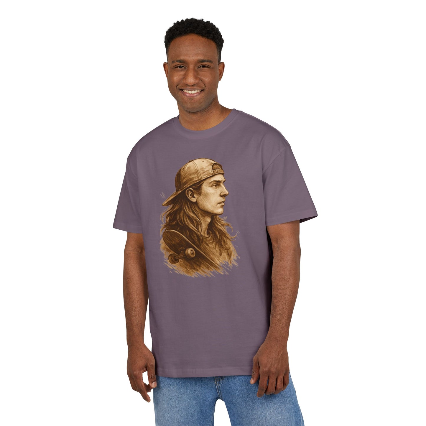 Skater Style T-Shirt (Brustprint) – Retro Kunst-Design mit Langhaar-Skater und Cap – Vintage Skateboard Look