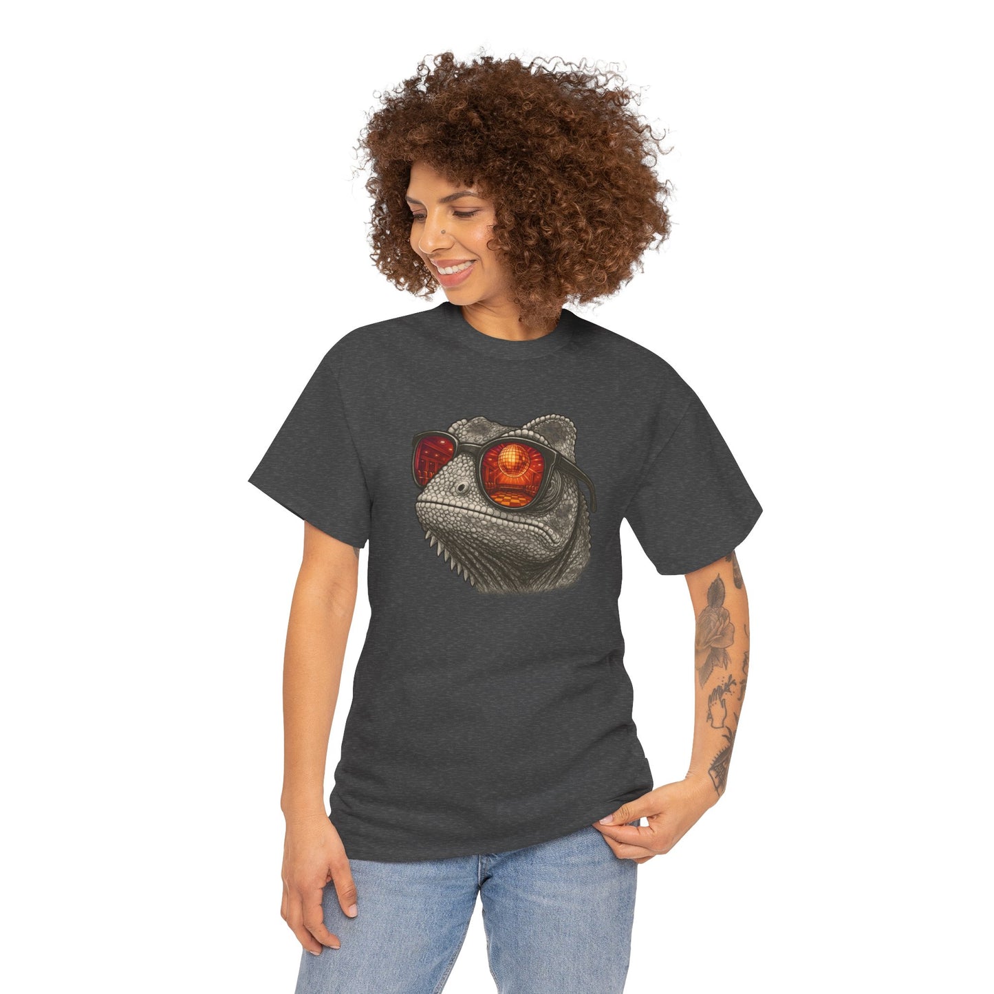 Chamäleon Disco T-Shirt (Brustprint) – Lustiges Tiermotiv mit Sonnenbrille | Retro Club Design für Tierfreunde & Festivalfans