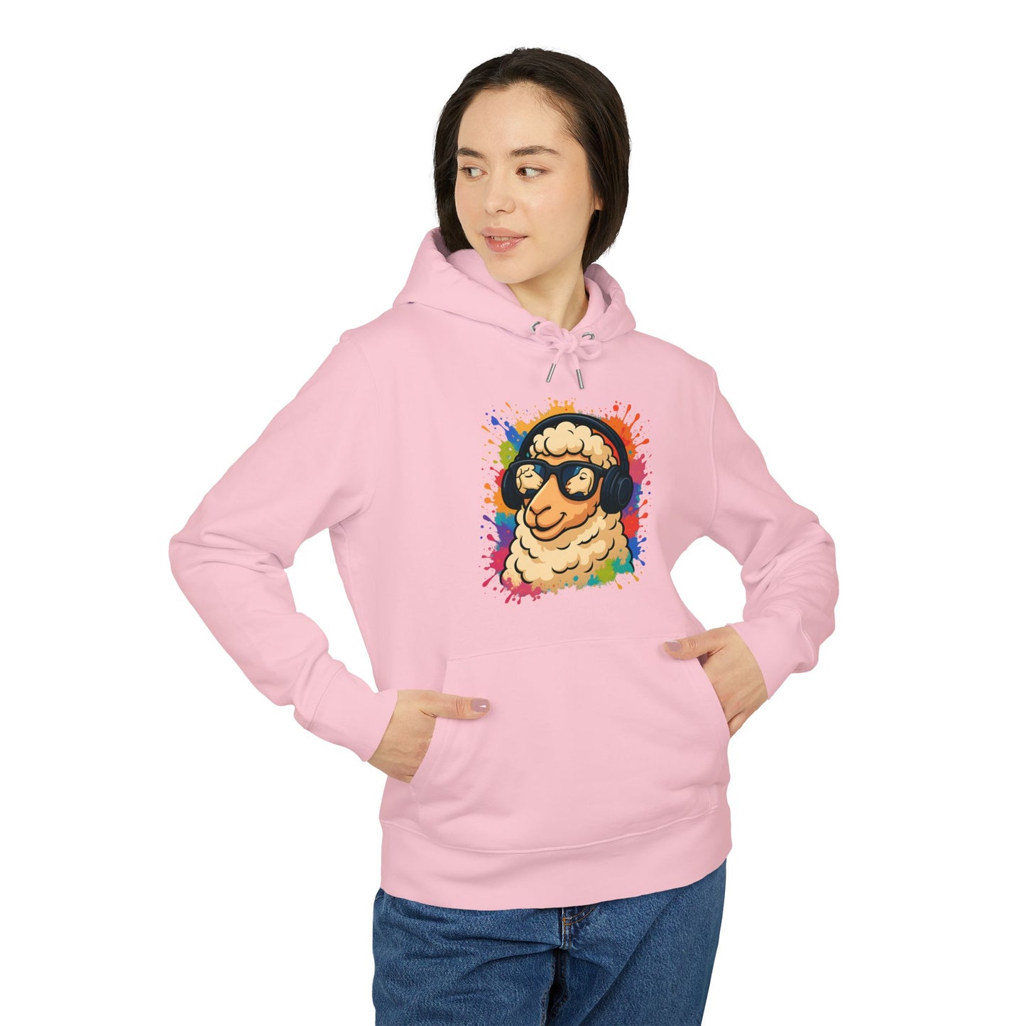 Schaf Hoodie (Brustprint) – Lustiger Unisex Kapuzenpullover mit Kopfhörer-Schaf & buntem Farbspritzer-Design
