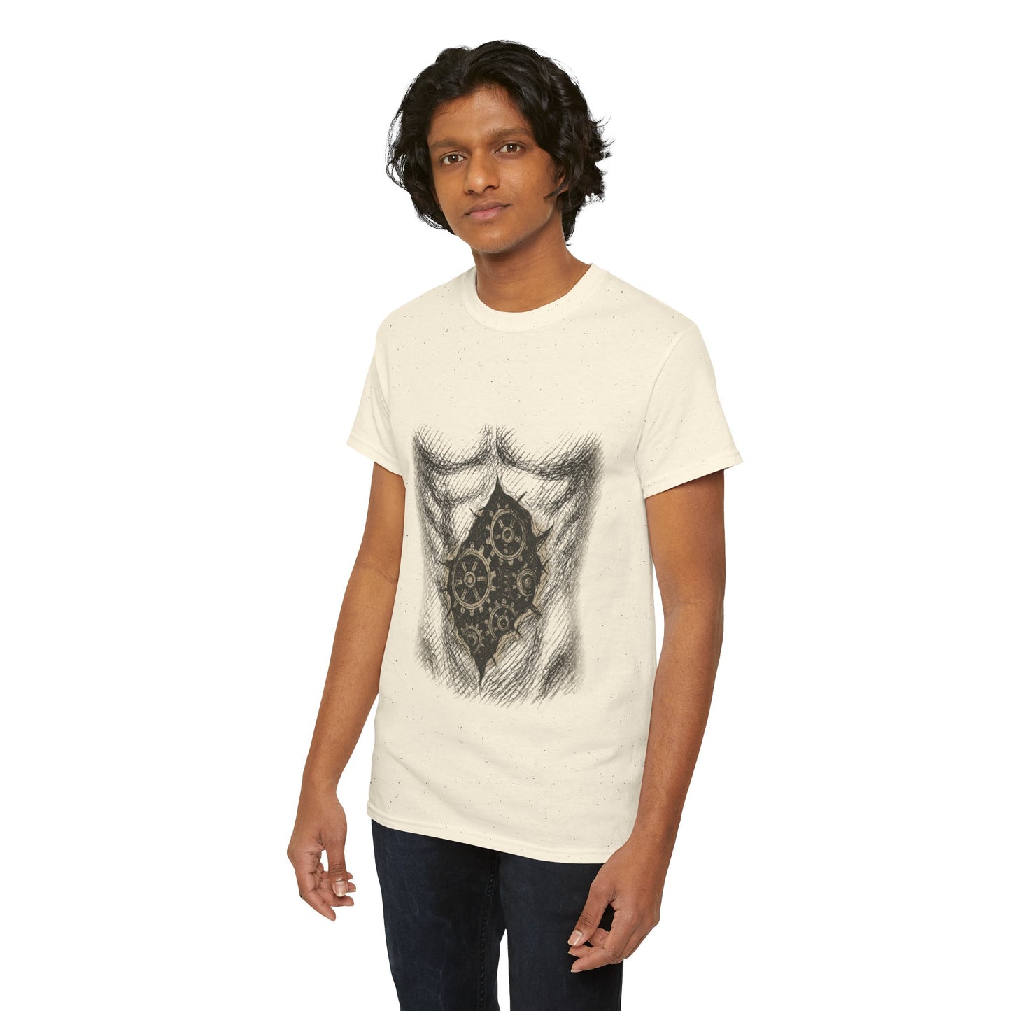 Biomechanik T-Shirt Unisex (Brustprint) – Realistisches Zahnräder-in-der-Haut Design | Steampunk & Cyborg Look für Technikfans