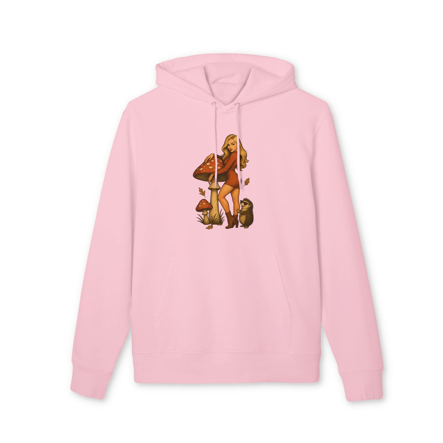 Vintage Pilz Fee & Igel Hoodie (Brustprint) – Retro Waldmotiv Kapuzenpullover für Natur- & Pilzliebhaber