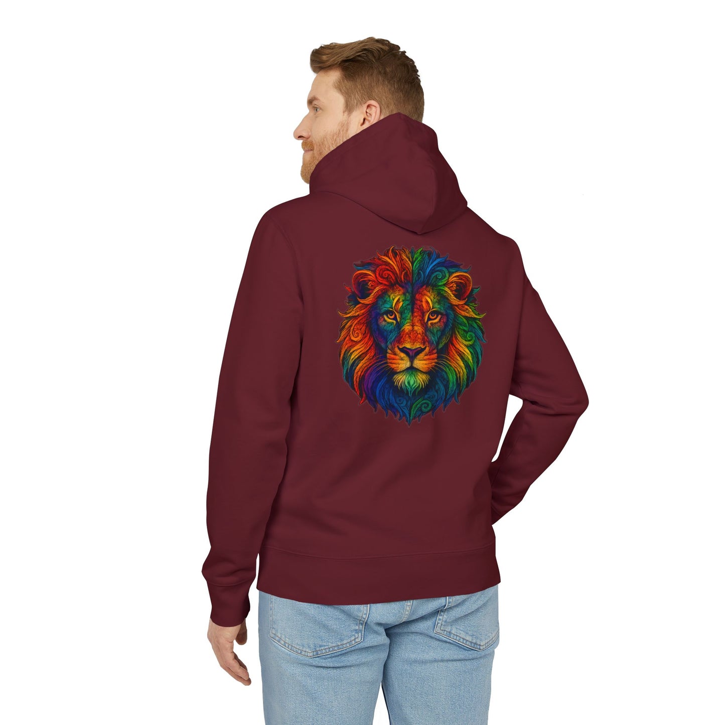 Bunter Löwen Hoodie (Rückenprint) – Psychedelischer Kapuzenpullover mit Tiermotiv – Unisex Streetwear im Boho & Festival Stil