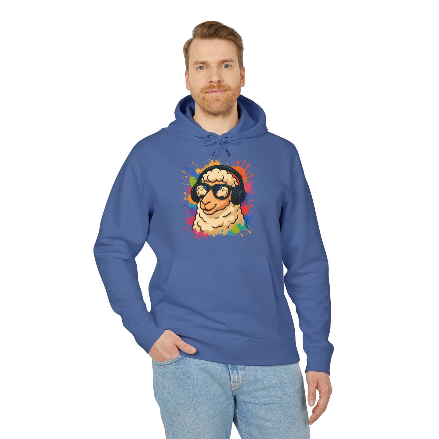 Schaf Hoodie (Brustprint) – Lustiger Unisex Kapuzenpullover mit Kopfhörer-Schaf & buntem Farbspritzer-Design