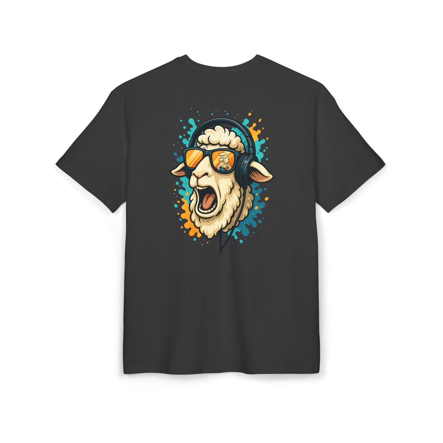 Lustiges Schaf T-Shirt (Rückenprint) – Cooles Cartoon-Motiv mit Kopfhörer & Sonnenbrille – Unisex Shirt für Musikfans & Tierliebhaber