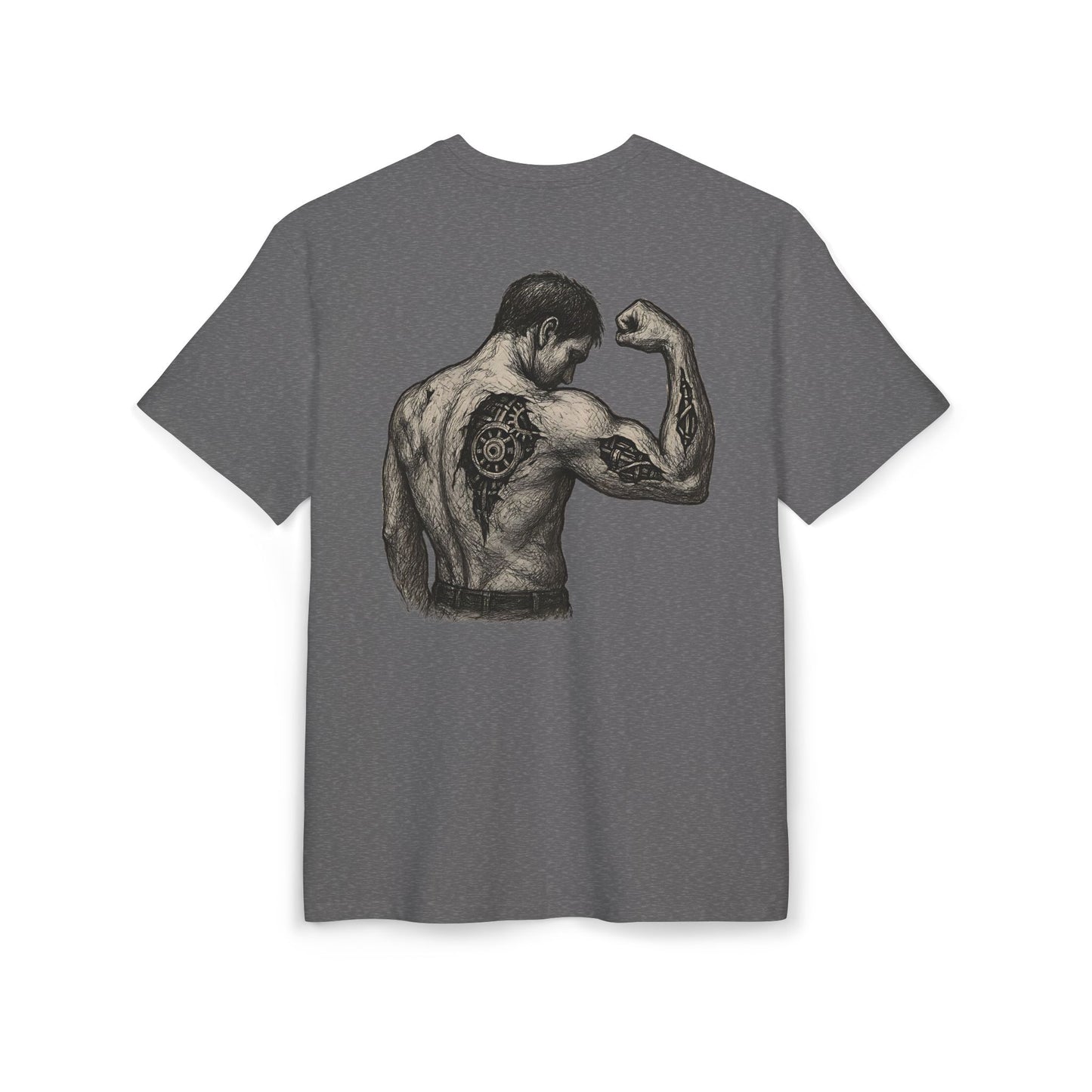 Biomechanik Muskel T-Shirt Unisex (Rückenprint) – Cyborg Body Design mit Zahnrädern & Maschinenstrukturen | Futuristisches Techwear Shirt für Fitness & Sci-Fi Fans