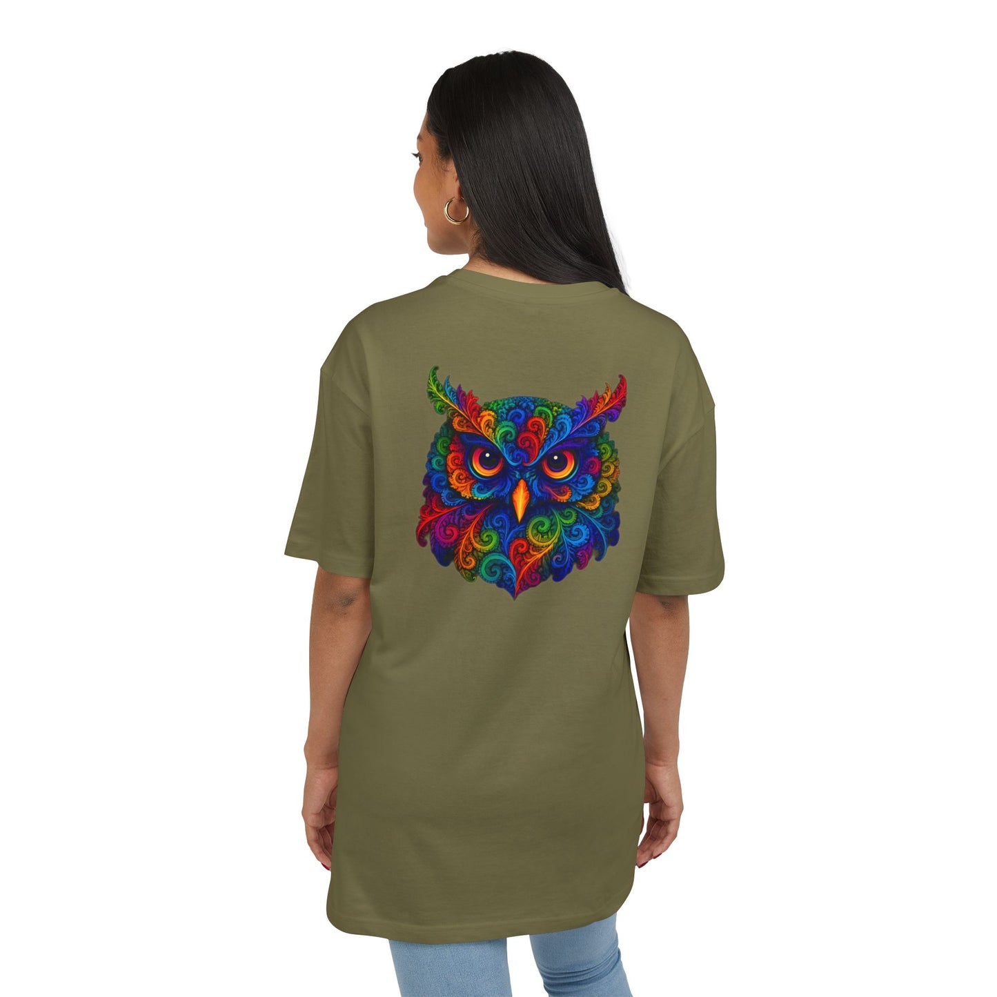 Buntes Eulen T-Shirt (Rückenprint) – Psychedelisches Tiermotiv im Boho-Stil – Unisex Shirt mit farbenfrohem, detailliertem Eulen-Design