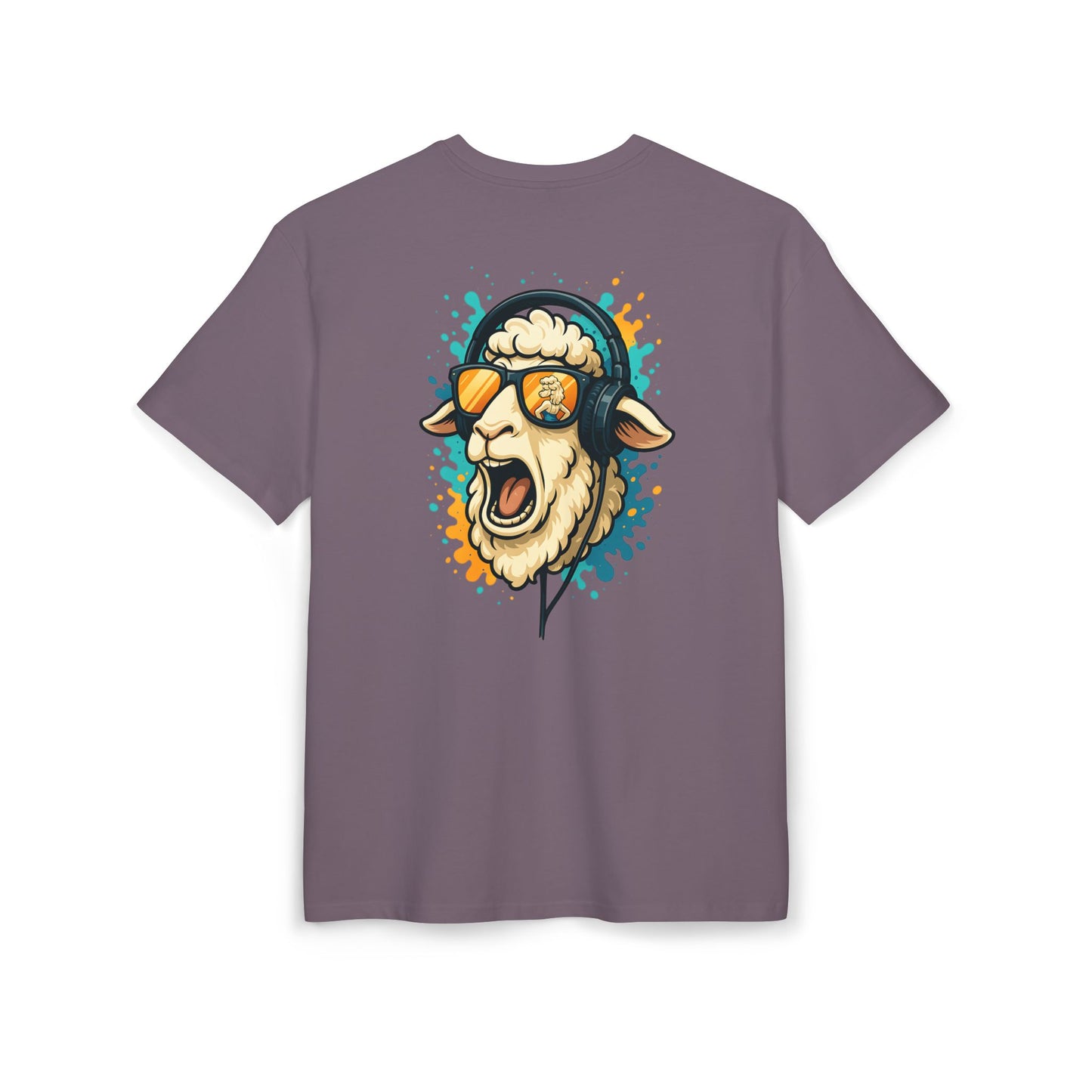 Lustiges Schaf T-Shirt (Rückenprint) – Cooles Cartoon-Motiv mit Kopfhörer & Sonnenbrille – Unisex Shirt für Musikfans & Tierliebhaber