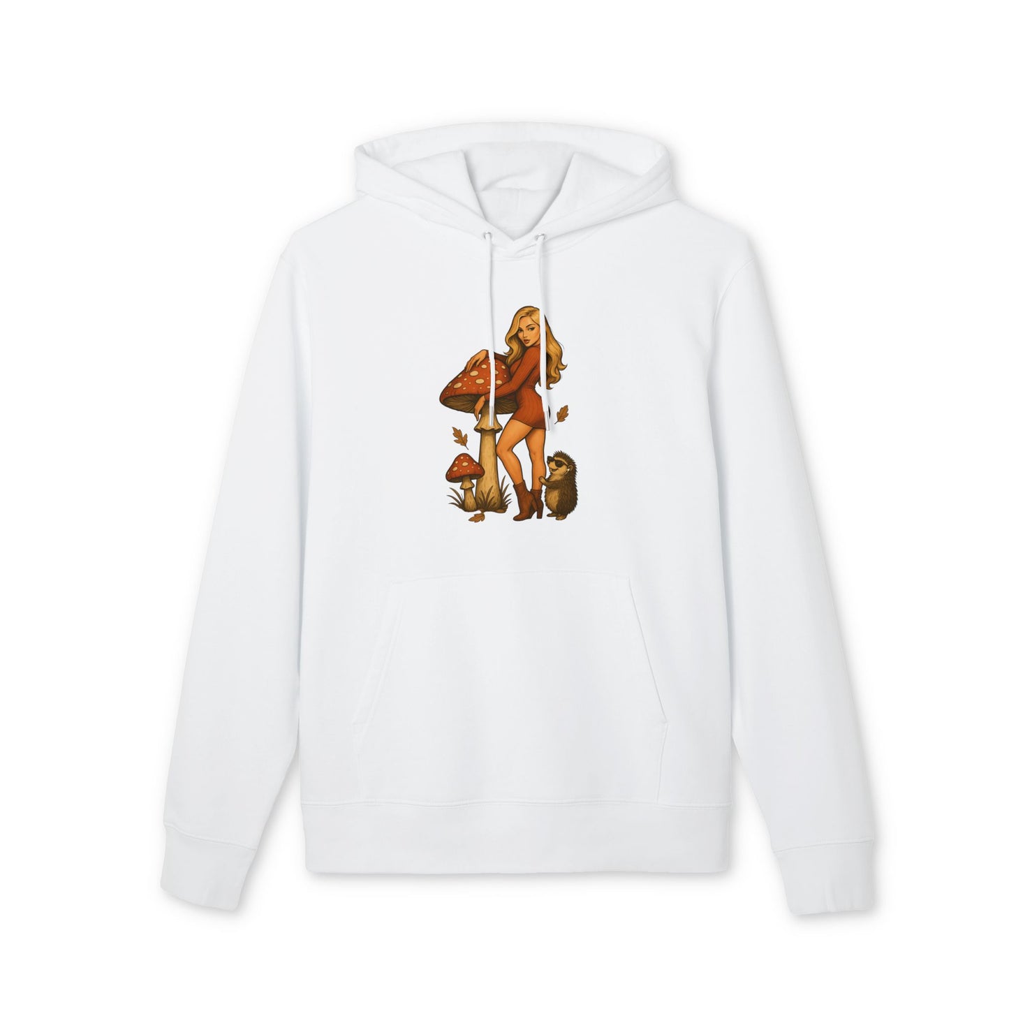 Vintage Pilz Fee & Igel Hoodie (Brustprint) – Retro Waldmotiv Kapuzenpullover für Natur- & Pilzliebhaber