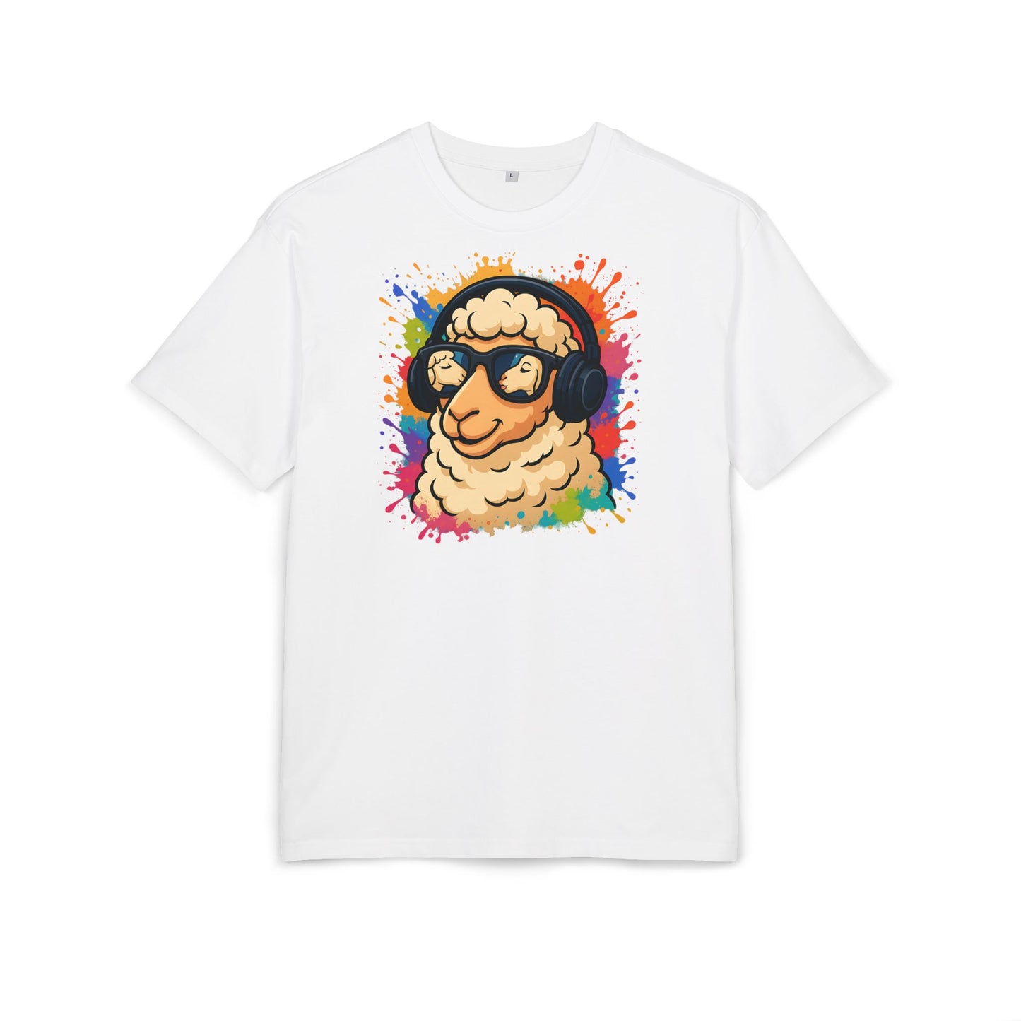 Cooles Schaf T-Shirt (Brustprint) – Lustiges Streetwear Shirt mit Kopfhörer-Schaf & Farbspritzer-Design | Unisex