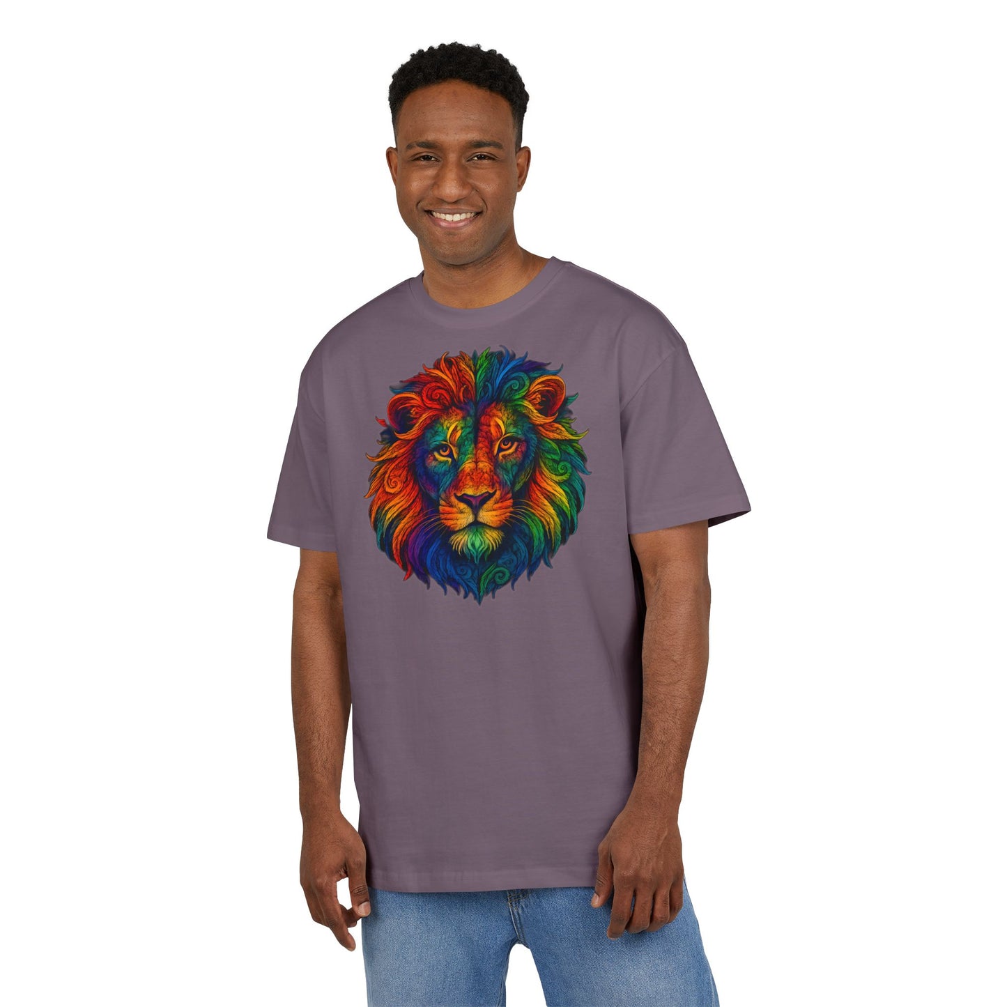 Buntes Löwen T-Shirt (Brustprint) – Psychedelisches Tiermotiv im Boho-Stil – Unisex Oversize Shirt für Kunst-, Natur- & Festival-Fans