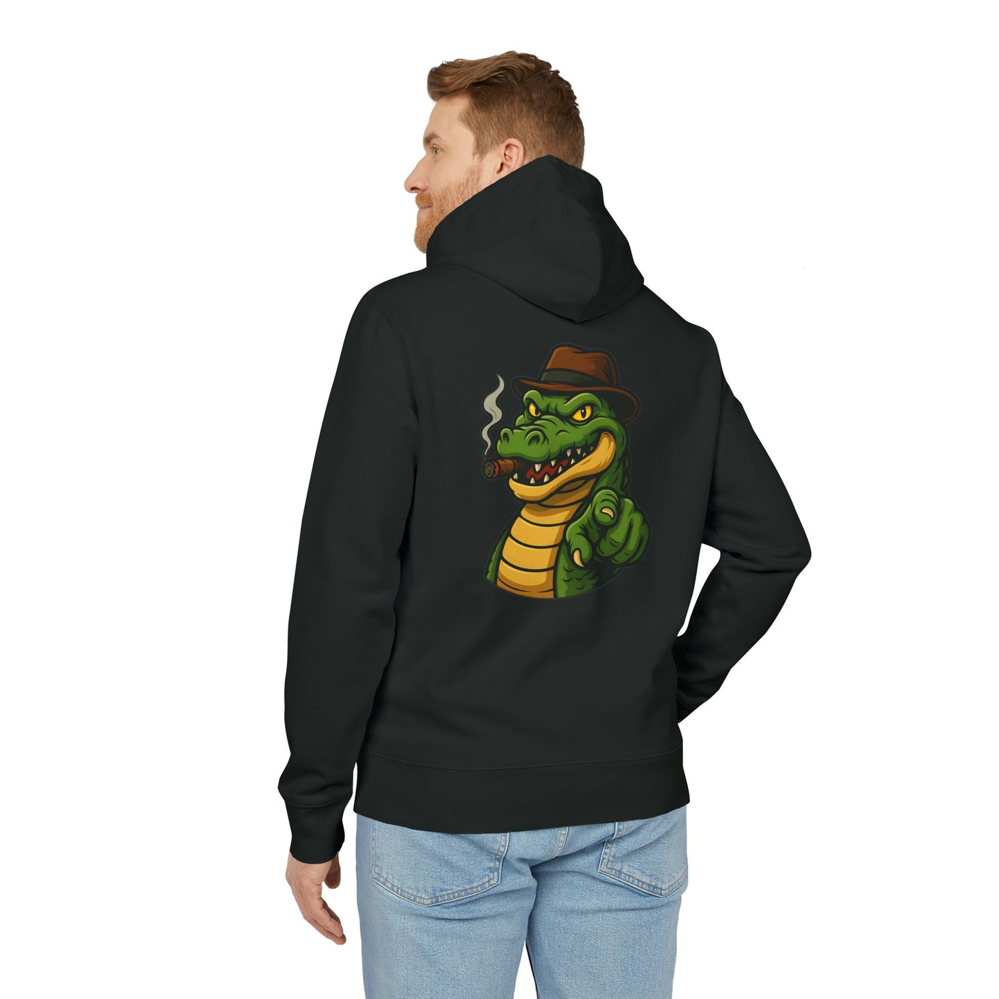 Gangster Alligator Hoodie (Rückenprint) – Cooler Unisex Kapuzenpullover mit Krokodil, Zigarre & Hut im Comic Style