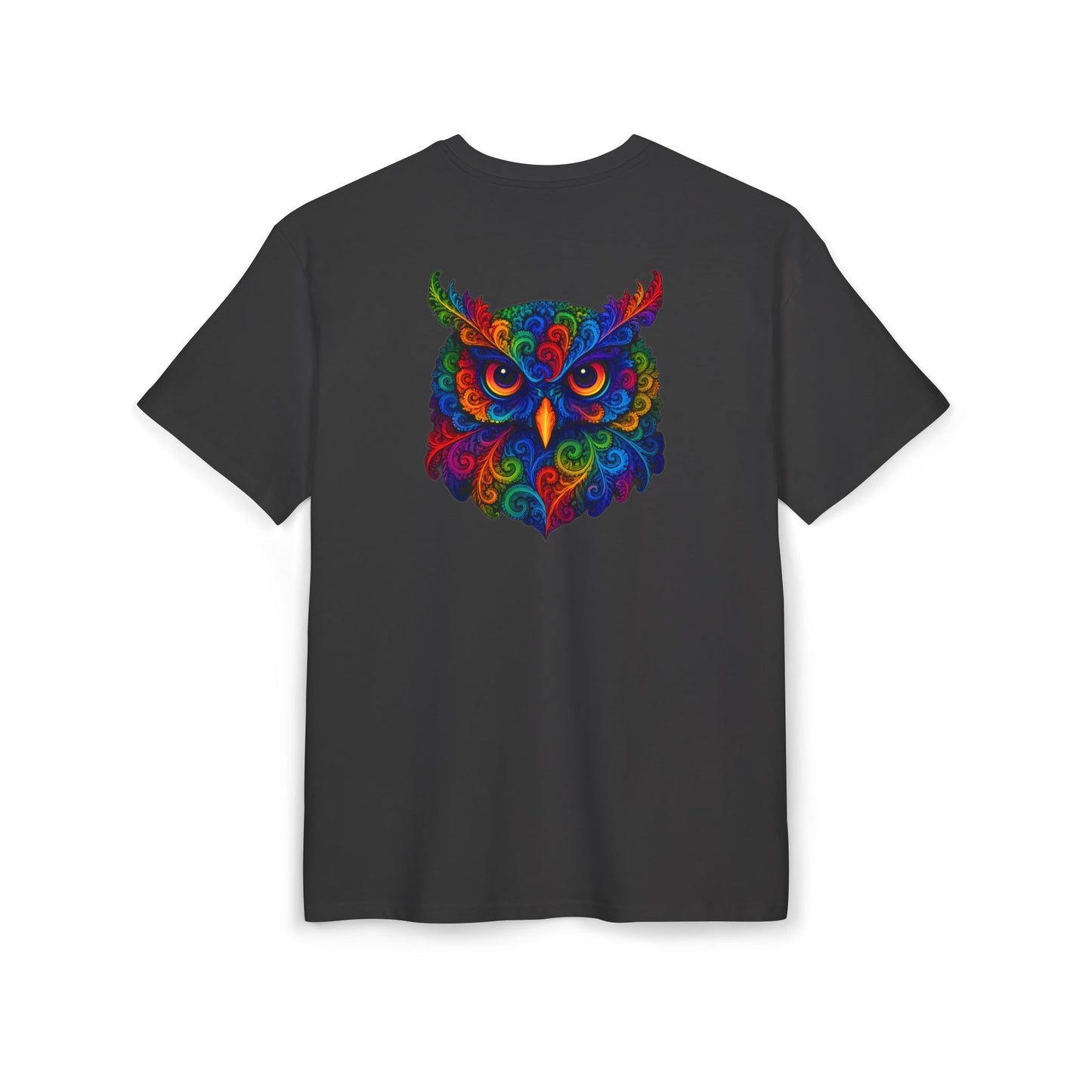 Buntes Eulen T-Shirt (Rückenprint) – Psychedelisches Tiermotiv im Boho-Stil – Unisex Shirt mit farbenfrohem, detailliertem Eulen-Design