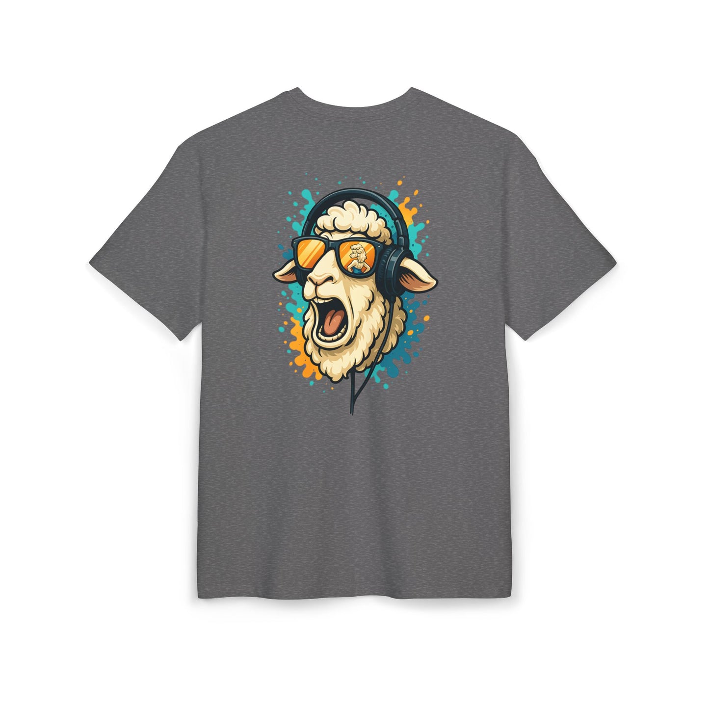 Lustiges Schaf T-Shirt (Rückenprint) – Cooles Cartoon-Motiv mit Kopfhörer & Sonnenbrille – Unisex Shirt für Musikfans & Tierliebhaber