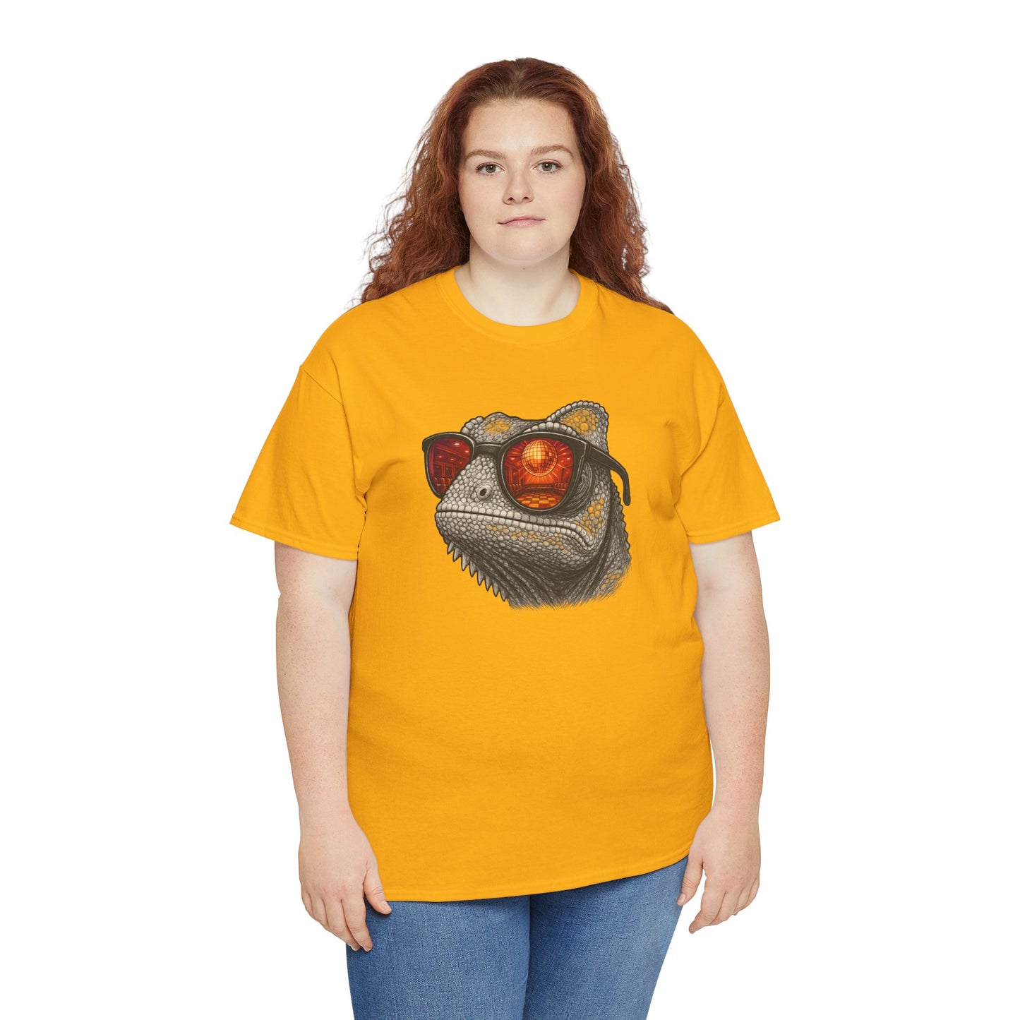 Chamäleon Disco T-Shirt (Brustprint) – Lustiges Tiermotiv mit Sonnenbrille | Retro Club Design für Tierfreunde & Festivalfans