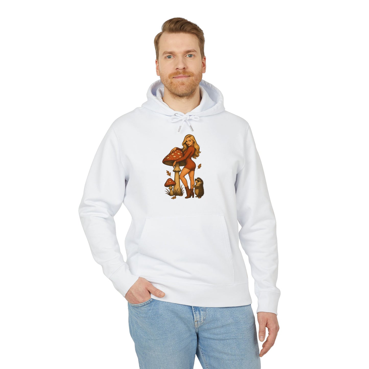 Vintage Pilz Fee & Igel Hoodie (Brustprint) – Retro Waldmotiv Kapuzenpullover für Natur- & Pilzliebhaber