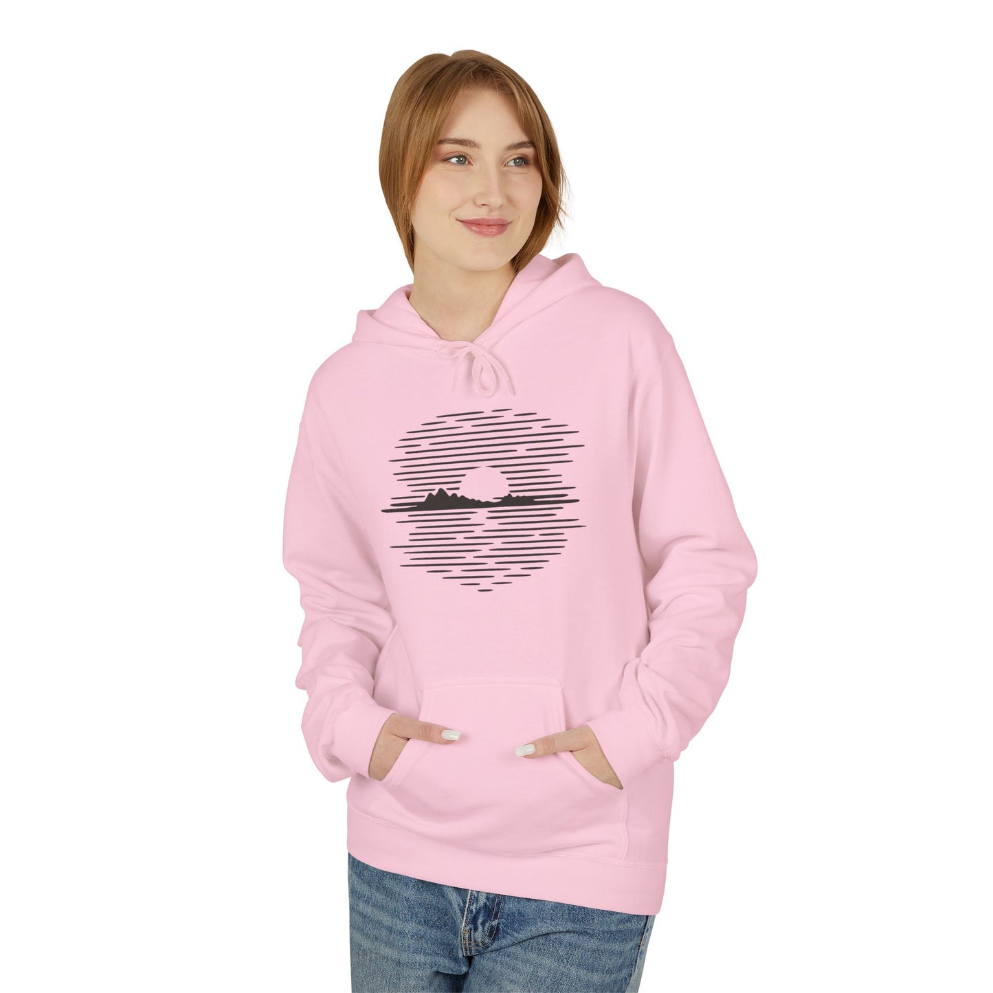 Unisex Hoodie mit Berg-Sonnenuntergang Design (Brustprint) – Minimalistischer Natur Pullover aus Baumwolle