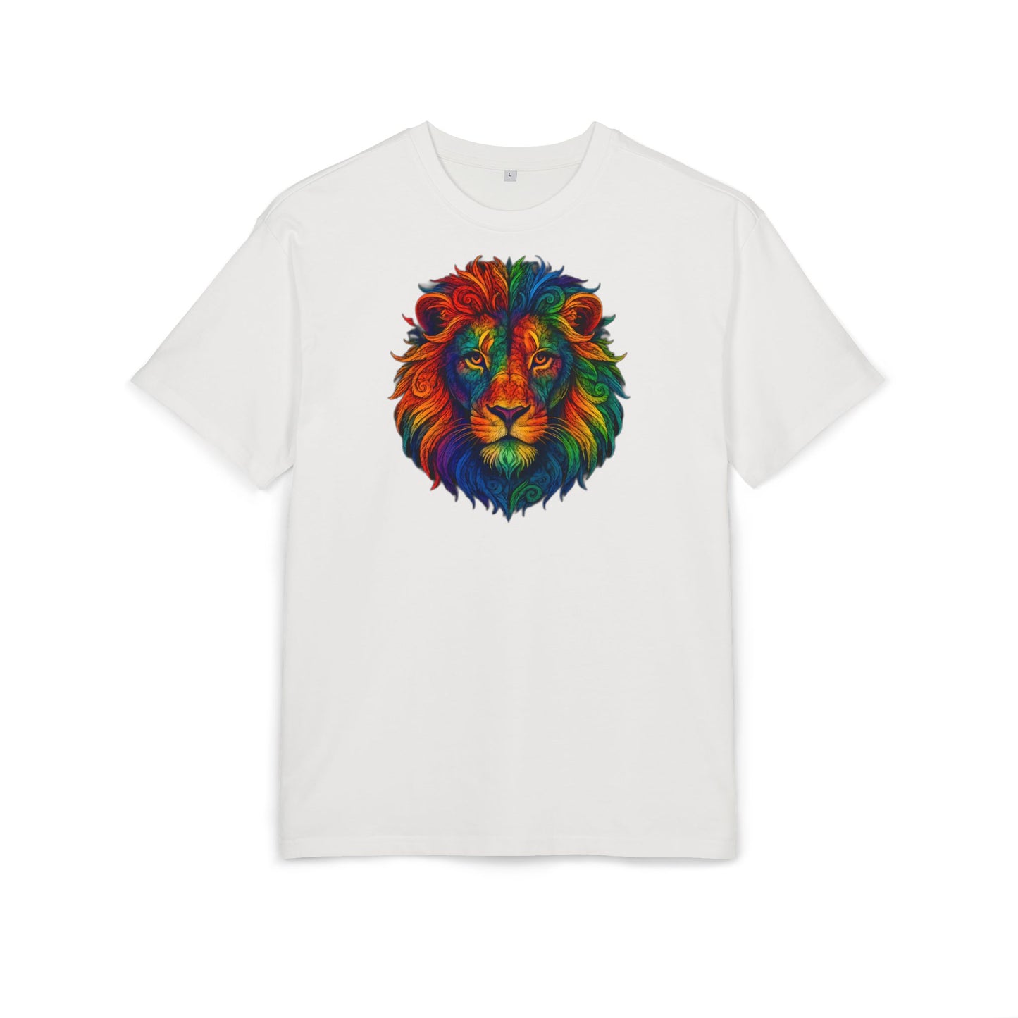 Buntes Löwen T-Shirt (Brustprint) – Psychedelisches Tiermotiv im Boho-Stil – Unisex Oversize Shirt für Kunst-, Natur- & Festival-Fans