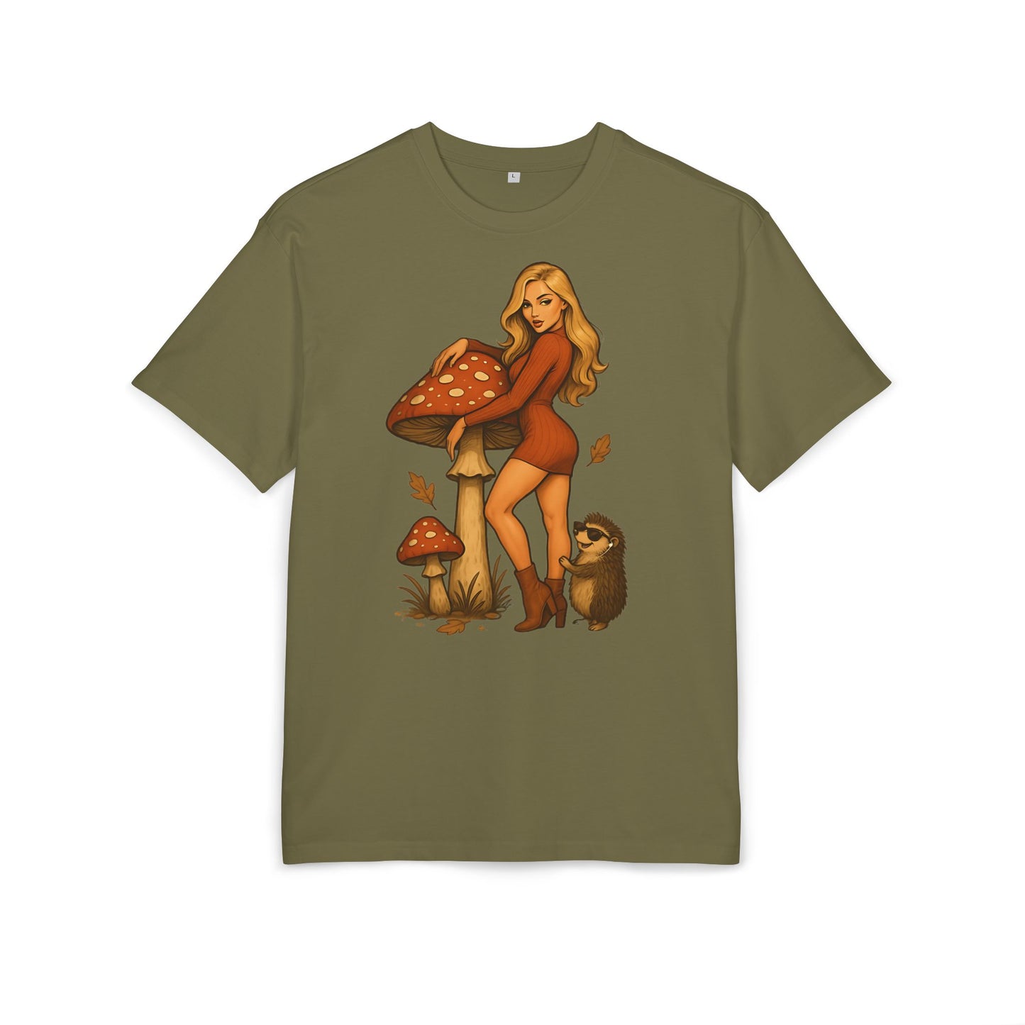 Vintage Pilz Fee & Igel Cartoon (Brustprint) – Retro Waldmotiv T-Shirt für Natur- & Pilzliebhaber