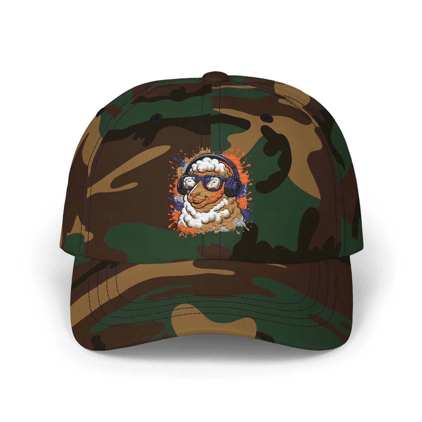 Schaf Cap – Stylische Unisex Basecap mit Kopfhörer-Schaf & buntem Farbspritzer-Design