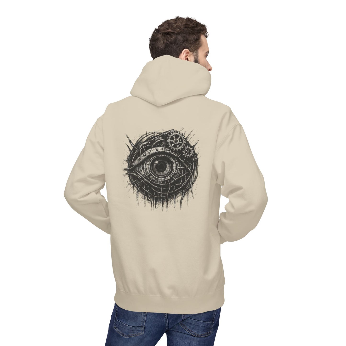 Biomechanisches Auge Hoodie Unisex – Cyberpunk Kapuzenpullover mit Zahnrädern & Kabeln | Futuristischer Techwear Look
