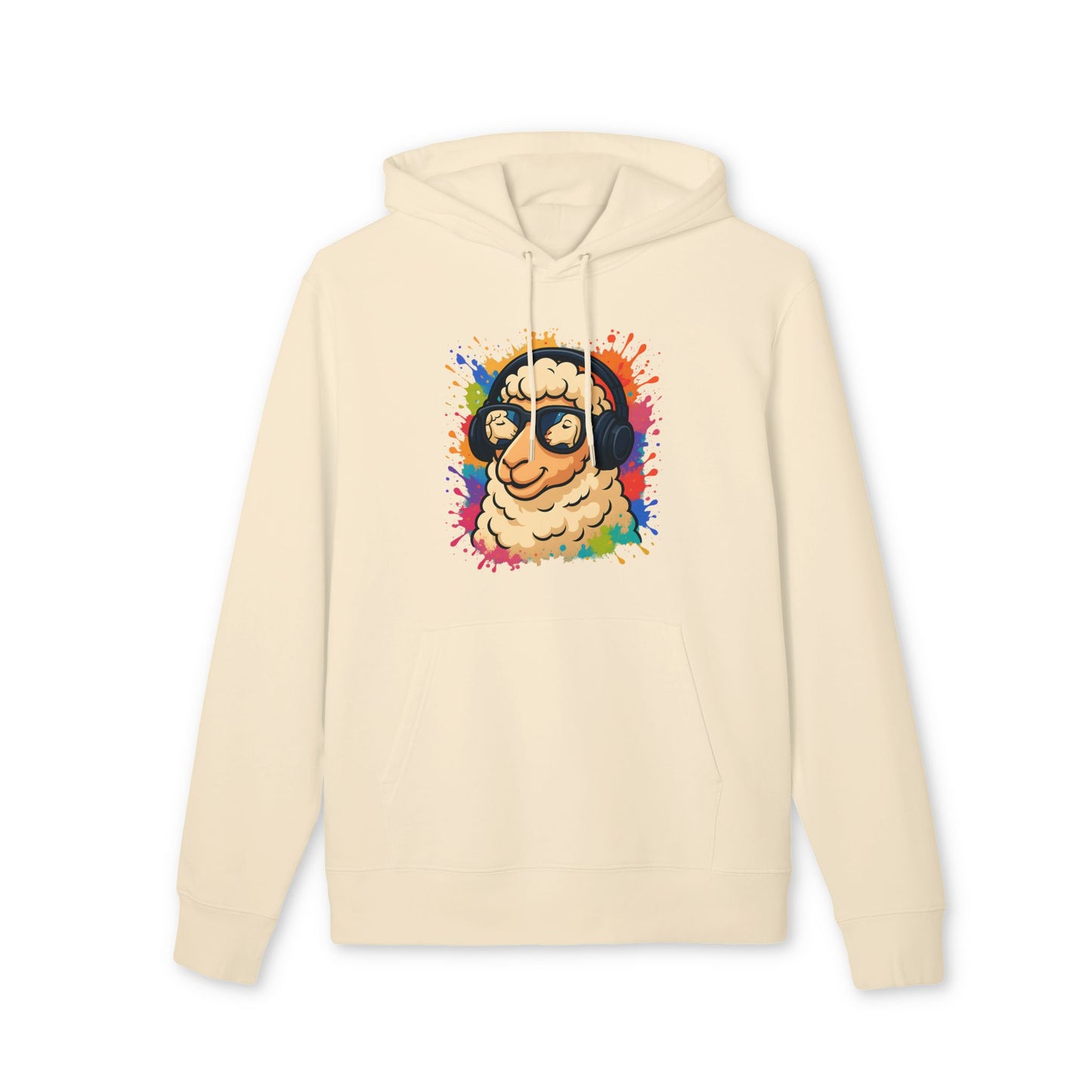 Schaf Hoodie (Brustprint) – Lustiger Unisex Kapuzenpullover mit Kopfhörer-Schaf & buntem Farbspritzer-Design