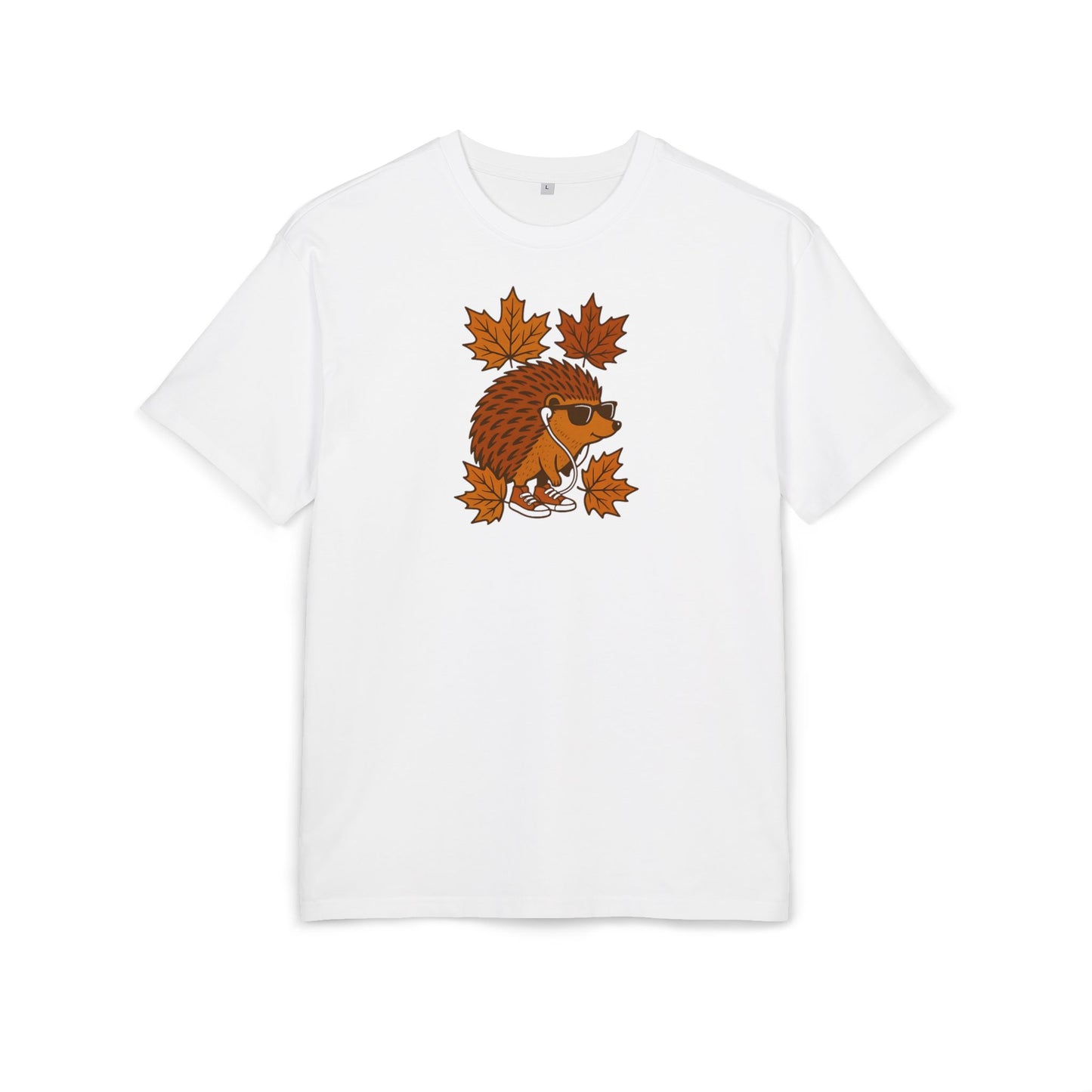 Herbst Igel T-Shirt (Brustprint) – Lustiges Cartoon Design mit Sonnenbrille, Kopfhörern & Ahornblättern