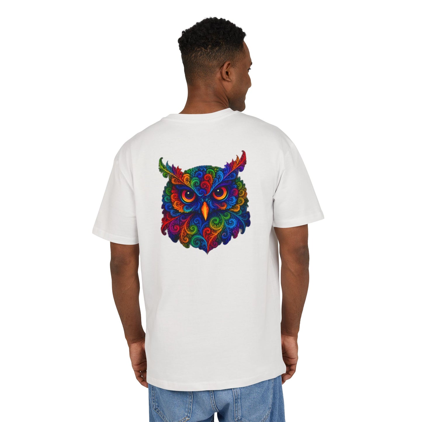 Buntes Eulen T-Shirt (Rückenprint) – Psychedelisches Tiermotiv im Boho-Stil – Unisex Shirt mit farbenfrohem, detailliertem Eulen-Design