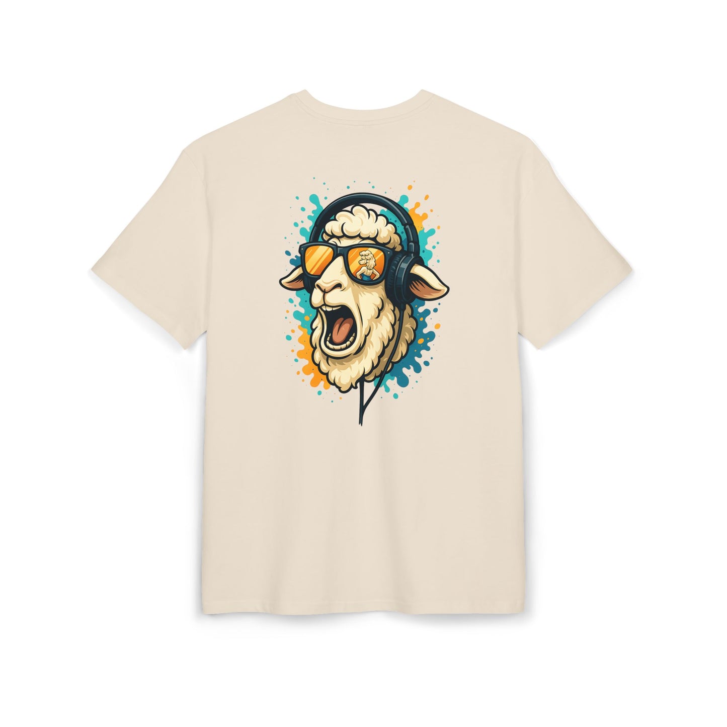 Lustiges Schaf T-Shirt (Rückenprint) – Cooles Cartoon-Motiv mit Kopfhörer & Sonnenbrille – Unisex Shirt für Musikfans & Tierliebhaber