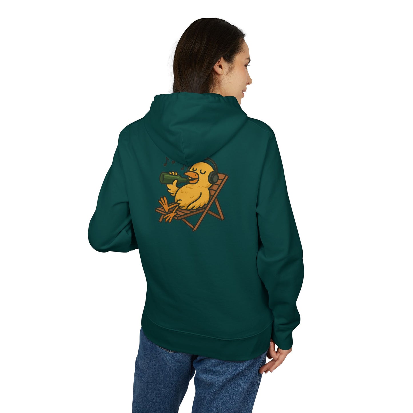 Chillente Hoodie (Rückenprint) – Lustiger Unisex Kapuzenpullover mit Ente, Bier & Musik-Motiv | Perfekt für Freizeit, Festivals & Sommer