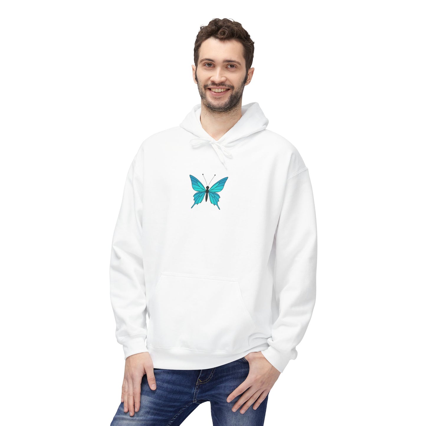 Blauer Schmetterling Hoodie Unisex (Brustprint) – Leuchtendes Butterfly Design | Nachhaltiger Kapuzenpullover aus Baumwolle