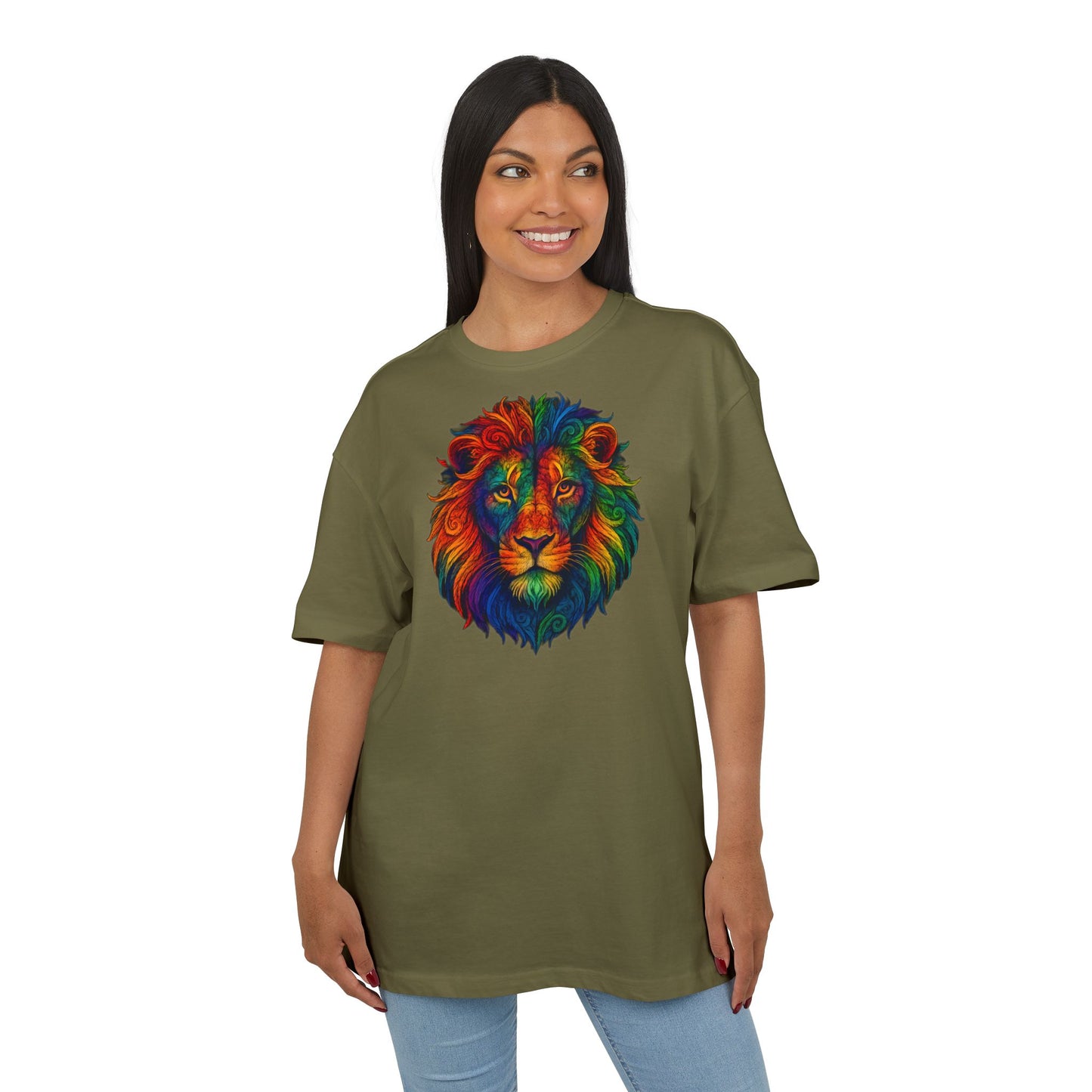 Buntes Löwen T-Shirt (Brustprint) – Psychedelisches Tiermotiv im Boho-Stil – Unisex Oversize Shirt für Kunst-, Natur- & Festival-Fans