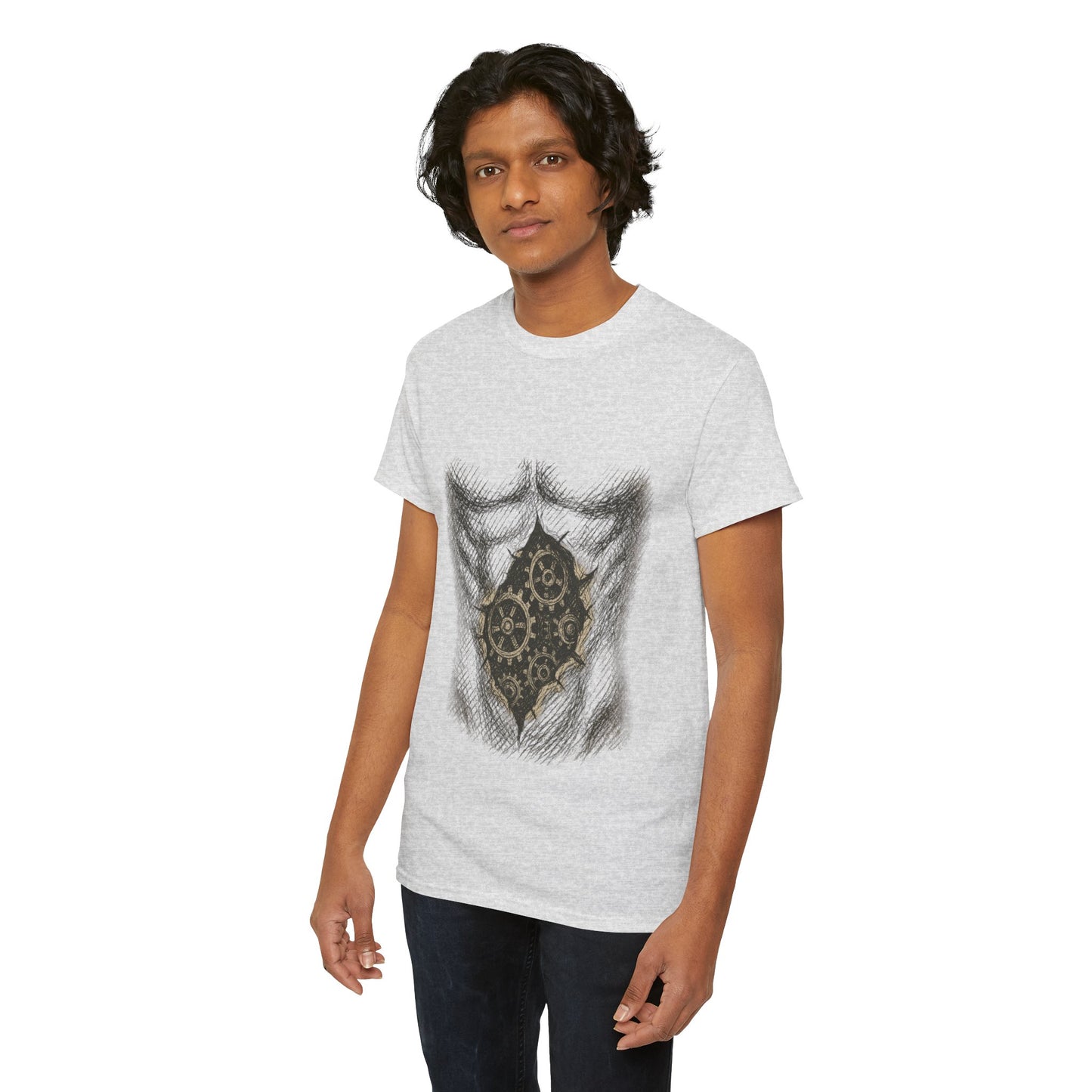 Biomechanik T-Shirt Unisex (Brustprint) – Realistisches Zahnräder-in-der-Haut Design | Steampunk & Cyborg Look für Technikfans