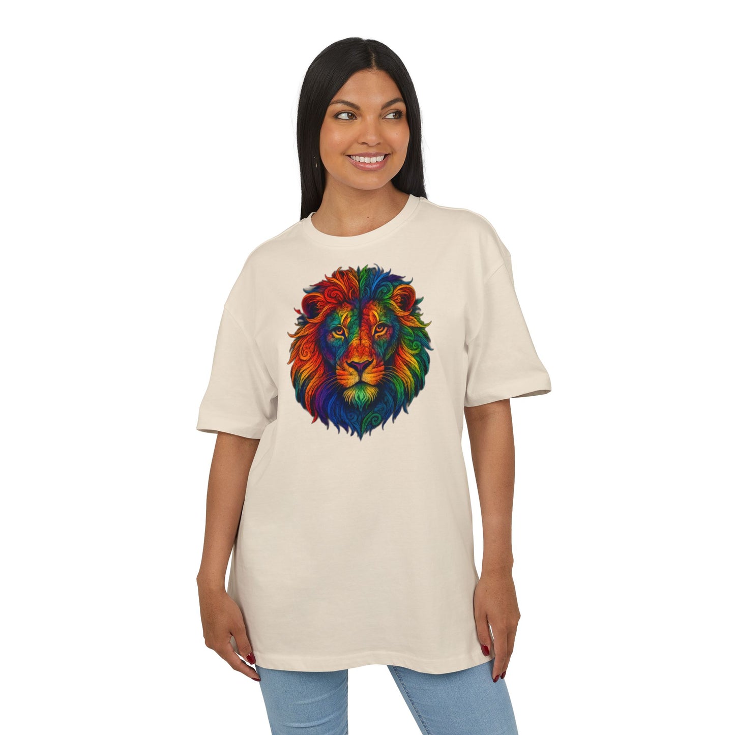 Buntes Löwen T-Shirt (Brustprint) – Psychedelisches Tiermotiv im Boho-Stil – Unisex Oversize Shirt für Kunst-, Natur- & Festival-Fans
