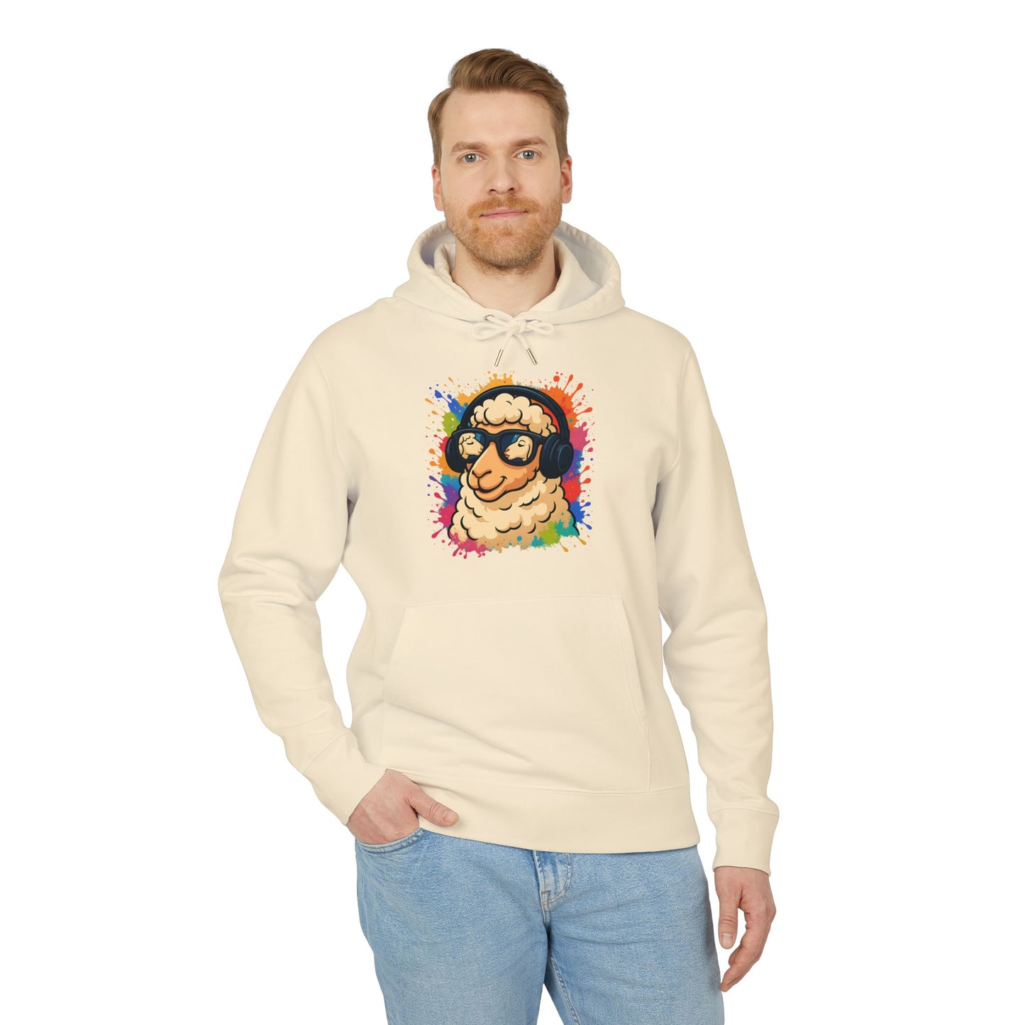 Schaf Hoodie (Brustprint) – Lustiger Unisex Kapuzenpullover mit Kopfhörer-Schaf & buntem Farbspritzer-Design