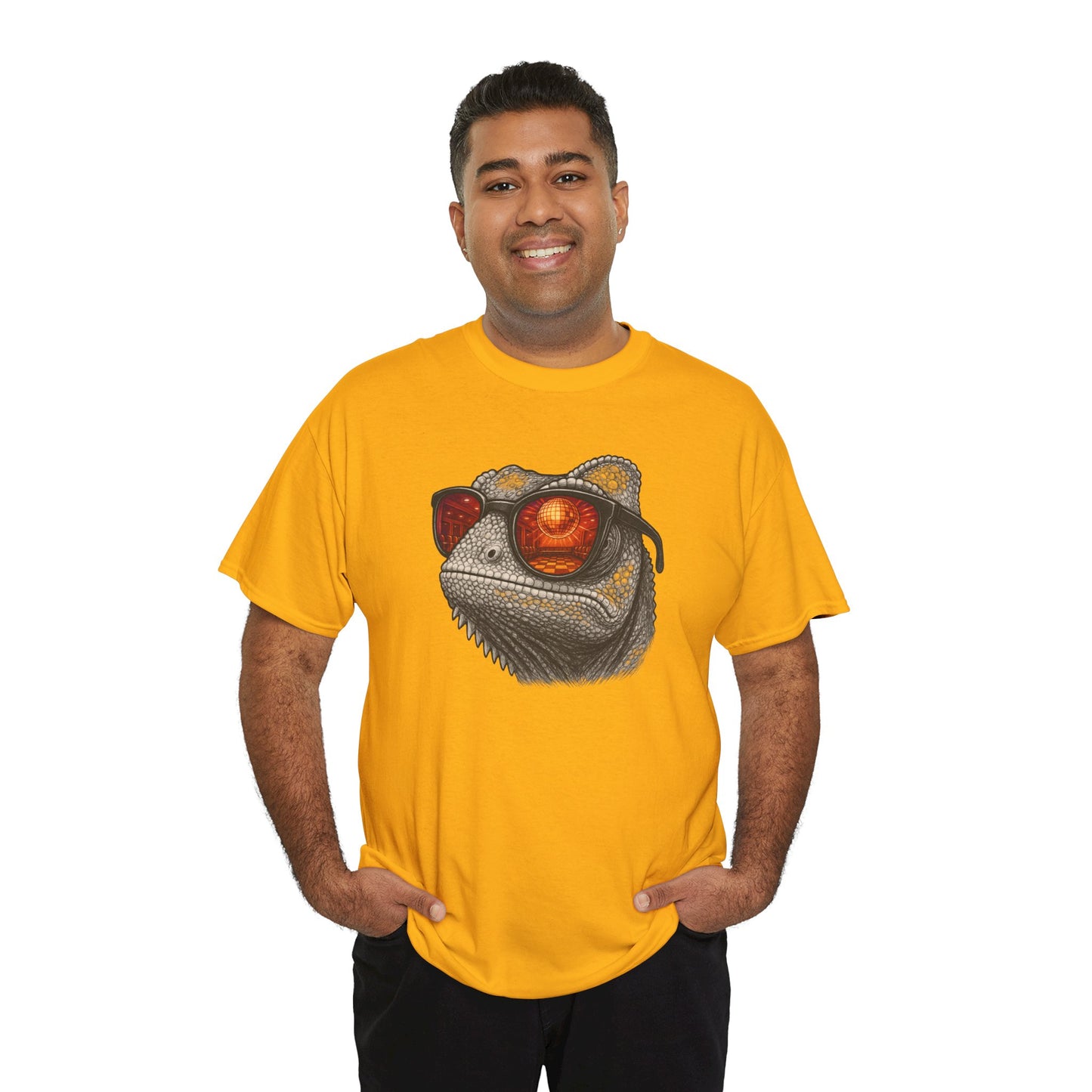 Chamäleon Disco T-Shirt (Brustprint) – Lustiges Tiermotiv mit Sonnenbrille | Retro Club Design für Tierfreunde & Festivalfans