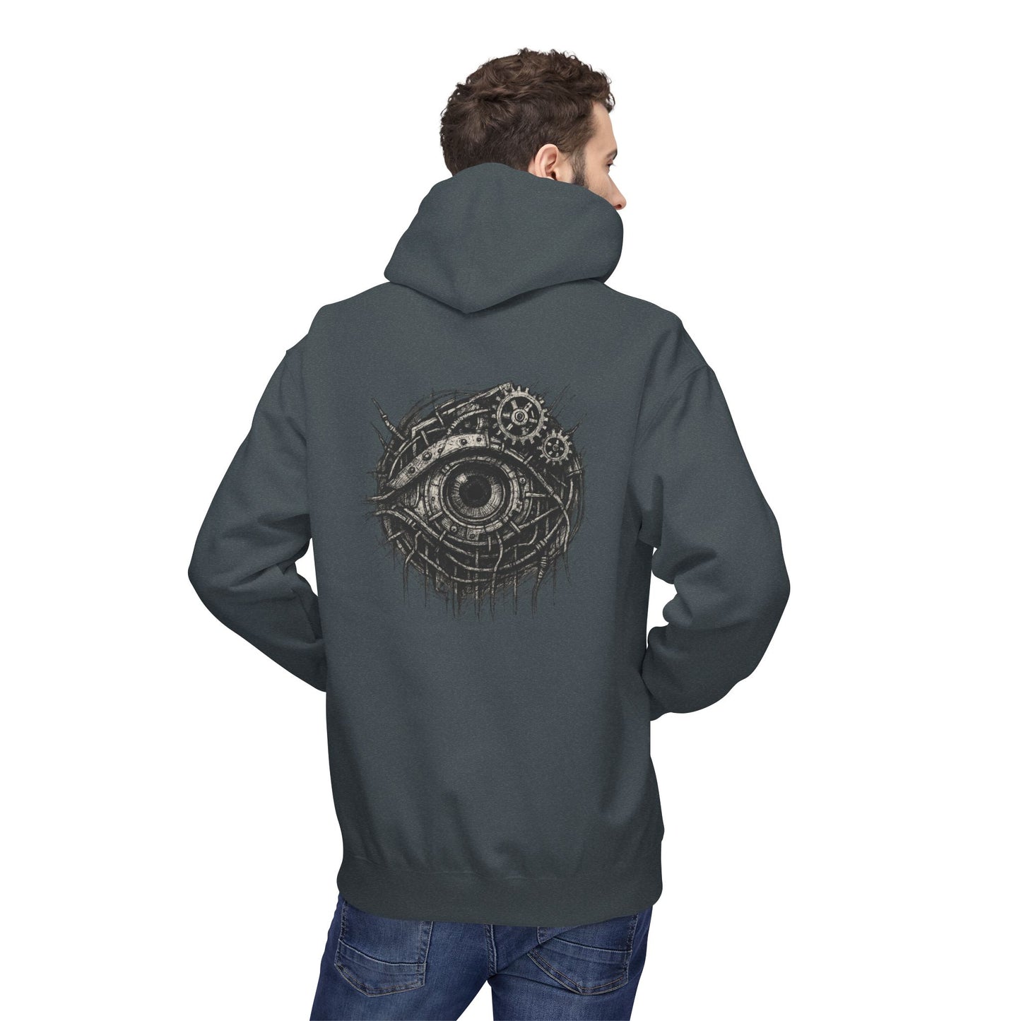 Biomechanisches Auge Hoodie Unisex – Cyberpunk Kapuzenpullover mit Zahnrädern & Kabeln | Futuristischer Techwear Look