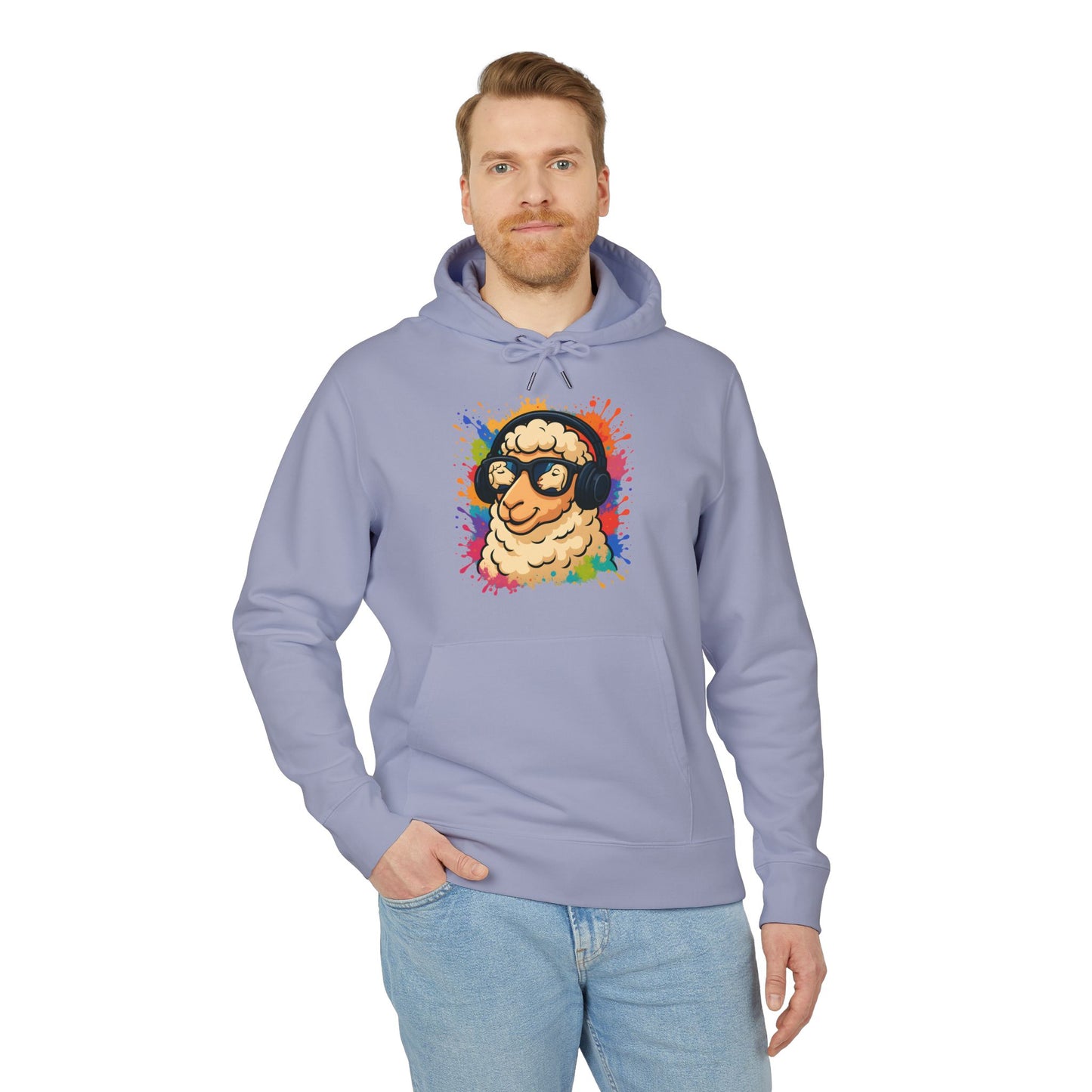Schaf Hoodie (Brustprint) – Lustiger Unisex Kapuzenpullover mit Kopfhörer-Schaf & buntem Farbspritzer-Design
