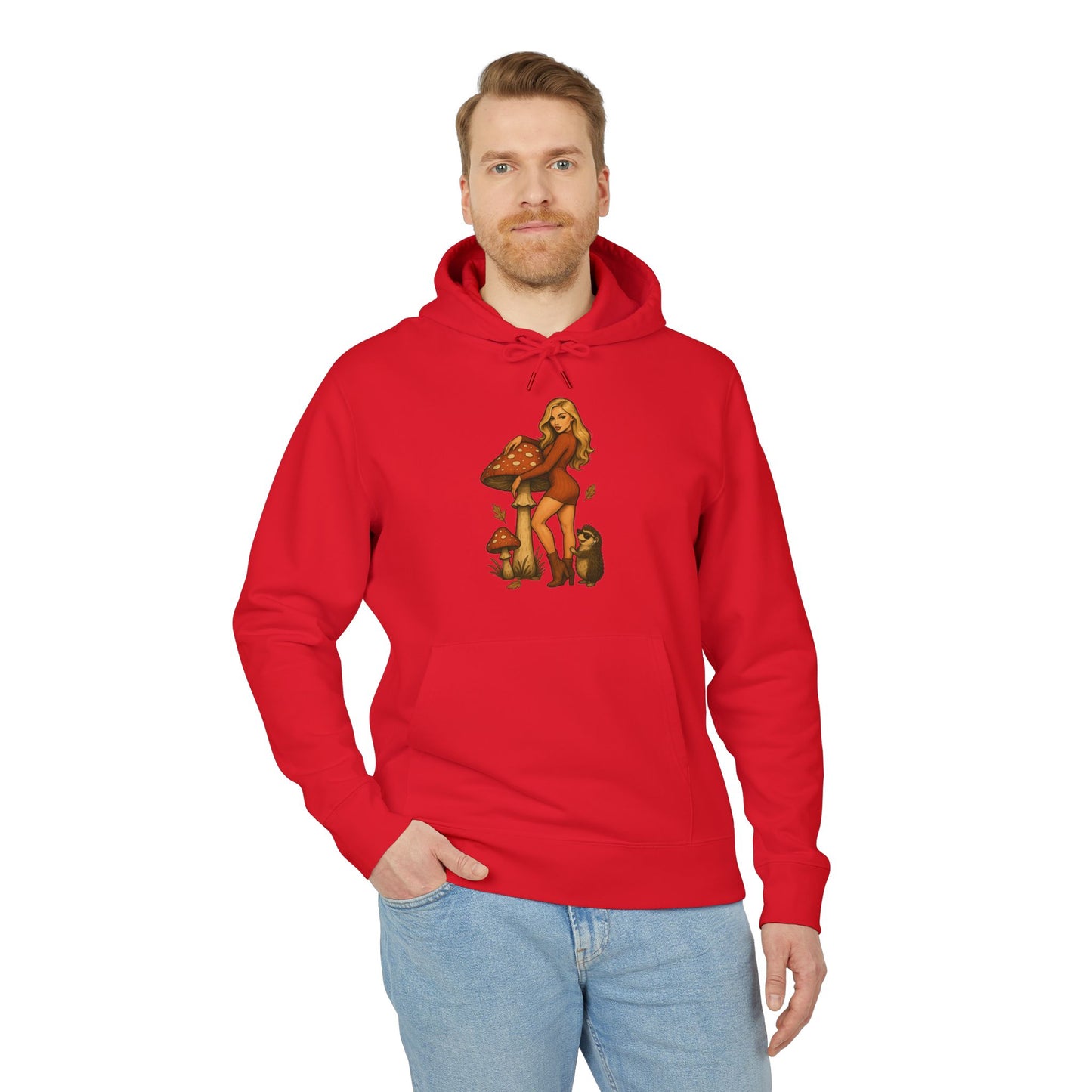 Vintage Pilz Fee & Igel Hoodie (Brustprint) – Retro Waldmotiv Kapuzenpullover für Natur- & Pilzliebhaber