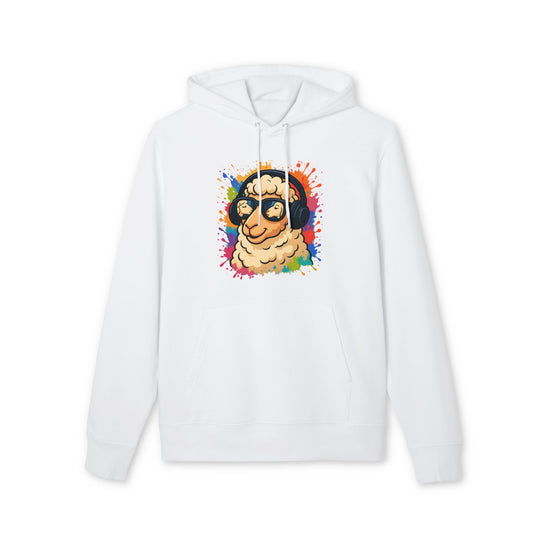 Schaf Hoodie (Brustprint) – Lustiger Unisex Kapuzenpullover mit Kopfhörer-Schaf & buntem Farbspritzer-Design