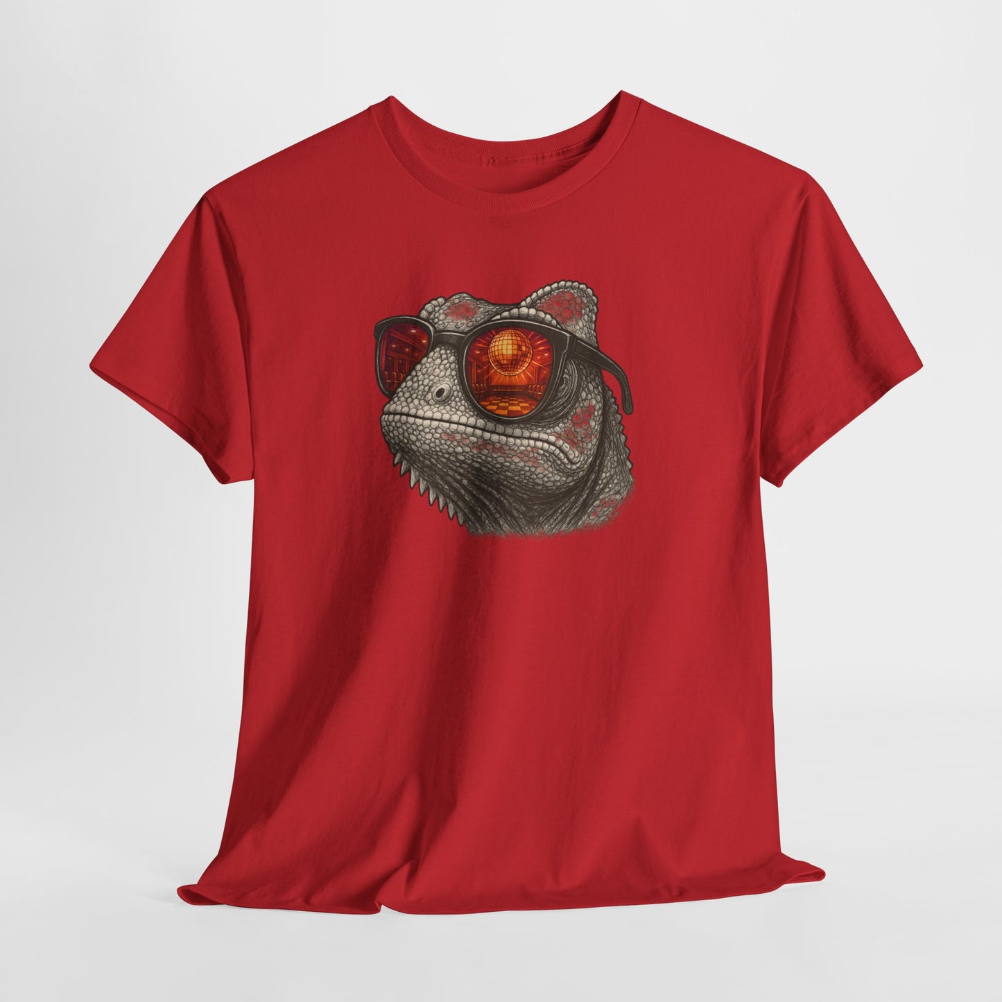 Chamäleon Disco T-Shirt (Brustprint) – Lustiges Tiermotiv mit Sonnenbrille | Retro Club Design für Tierfreunde & Festivalfans