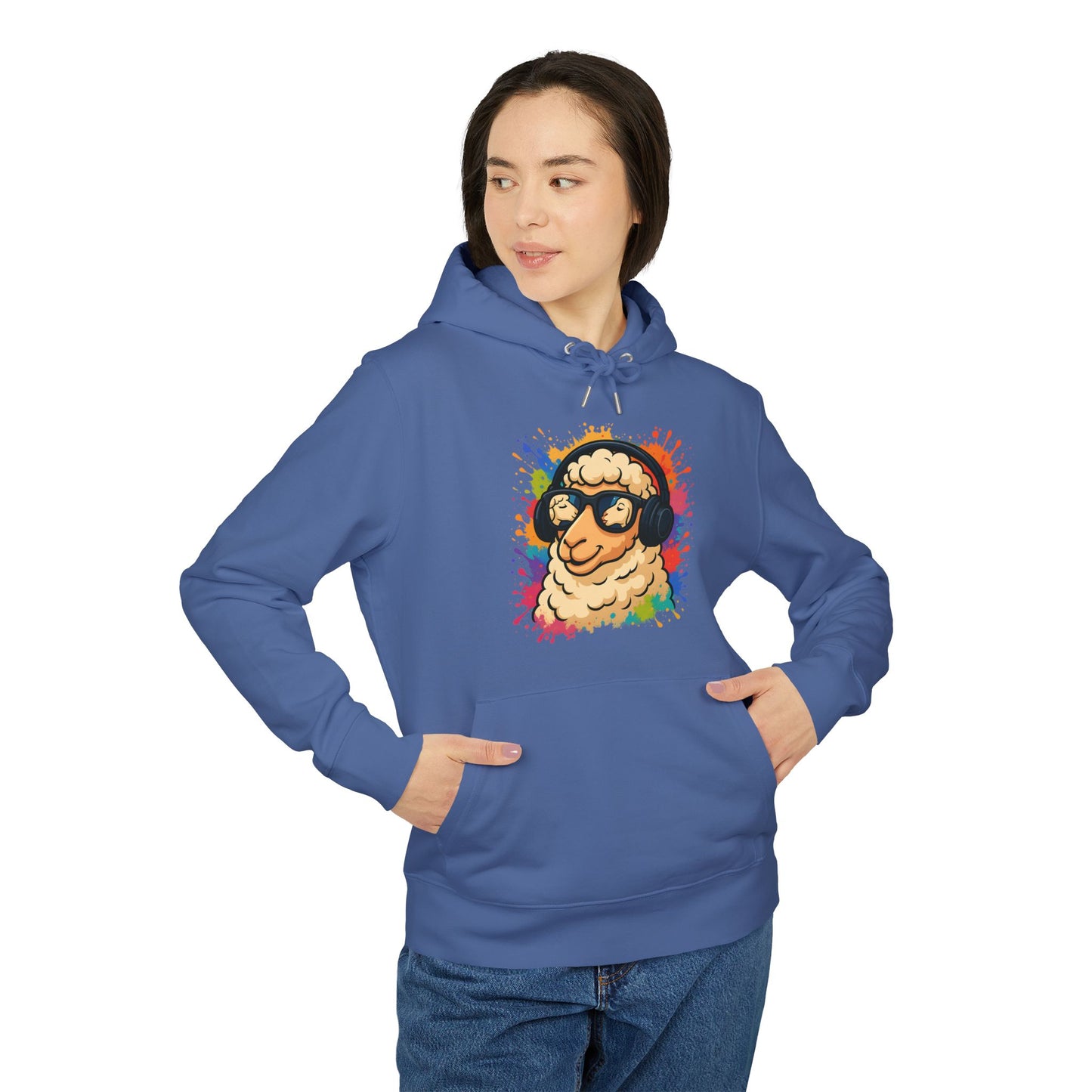 Schaf Hoodie (Brustprint) – Lustiger Unisex Kapuzenpullover mit Kopfhörer-Schaf & buntem Farbspritzer-Design