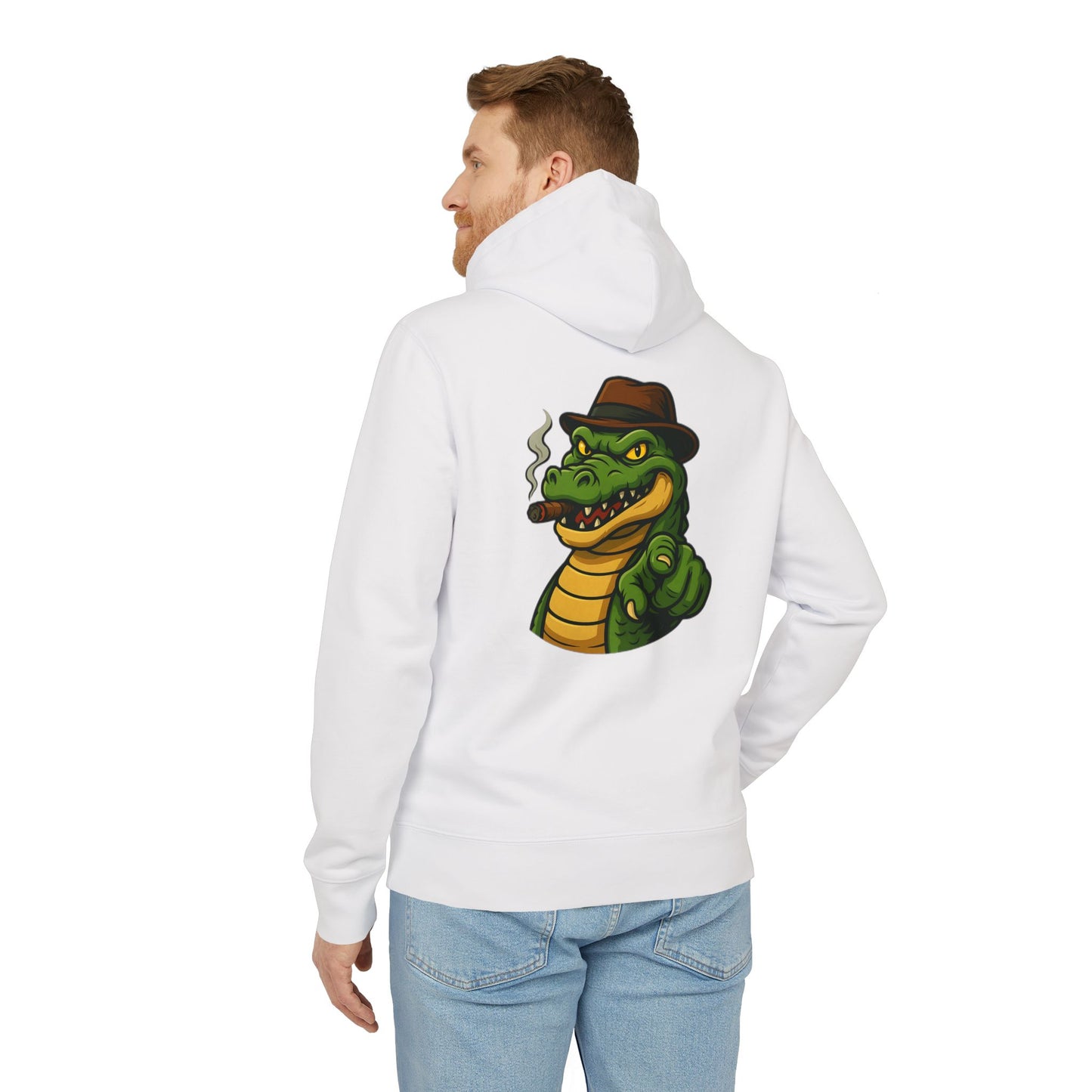 Gangster Alligator Hoodie (Rückenprint) – Cooler Unisex Kapuzenpullover mit Krokodil, Zigarre & Hut im Comic Style