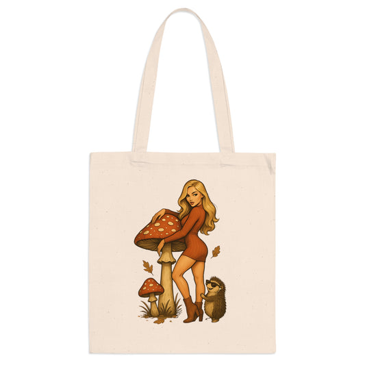 Vintage Pilz Fee & Igel Jutebeutel – Retro Waldmotiv Stofftasche für Natur- & Pilzliebhaber