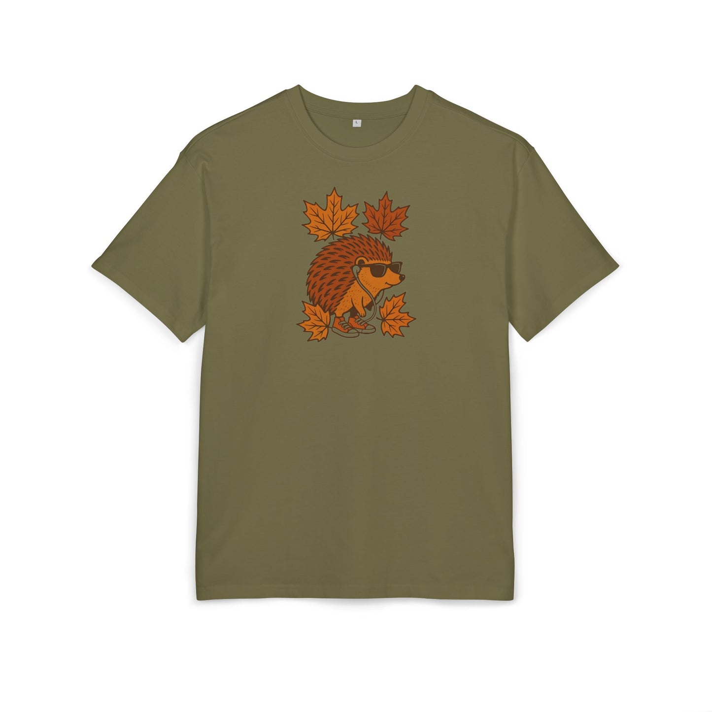 Herbst Igel T-Shirt (Brustprint) – Lustiges Cartoon Design mit Sonnenbrille, Kopfhörern & Ahornblättern