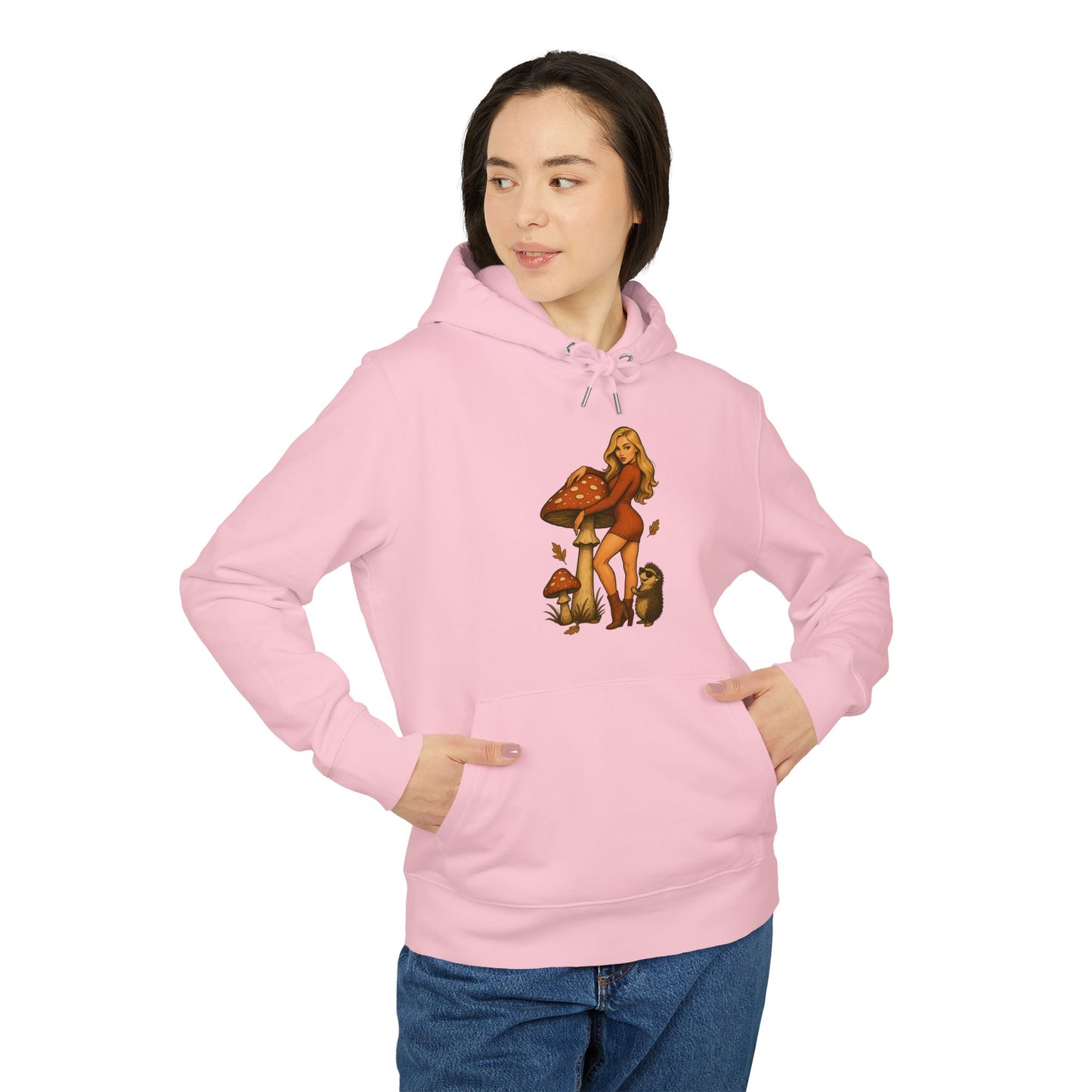 Vintage Pilz Fee & Igel Hoodie (Brustprint) – Retro Waldmotiv Kapuzenpullover für Natur- & Pilzliebhaber