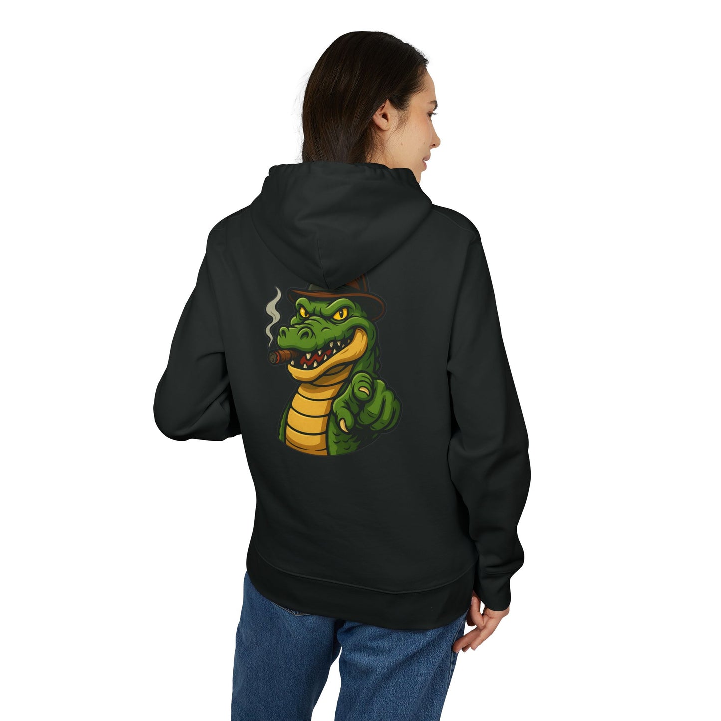 Gangster Alligator Hoodie (Rückenprint) – Cooler Unisex Kapuzenpullover mit Krokodil, Zigarre & Hut im Comic Style