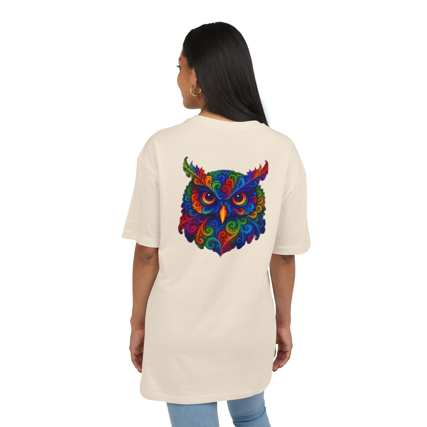 Buntes Eulen T-Shirt (Rückenprint) – Psychedelisches Tiermotiv im Boho-Stil – Unisex Shirt mit farbenfrohem, detailliertem Eulen-Design